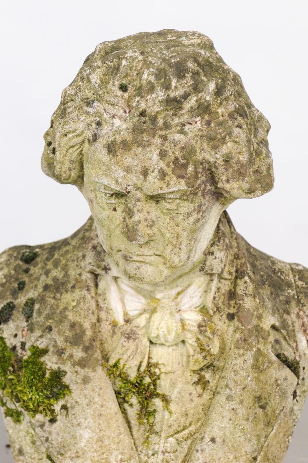 French Bust Sculpture of Ludwig van Beethoven with Moss, Early 20th Century In Good Condition In Atlanta, GA