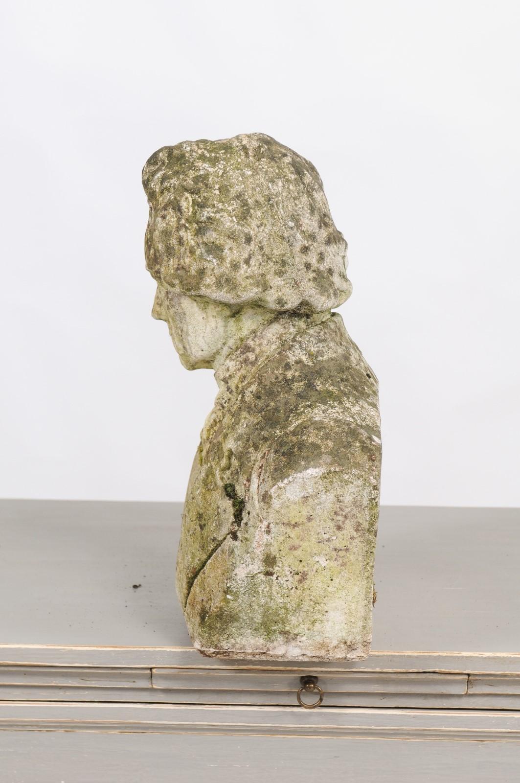 Cement French Bust Sculpture of Ludwig van Beethoven with Moss, Early 20th Century