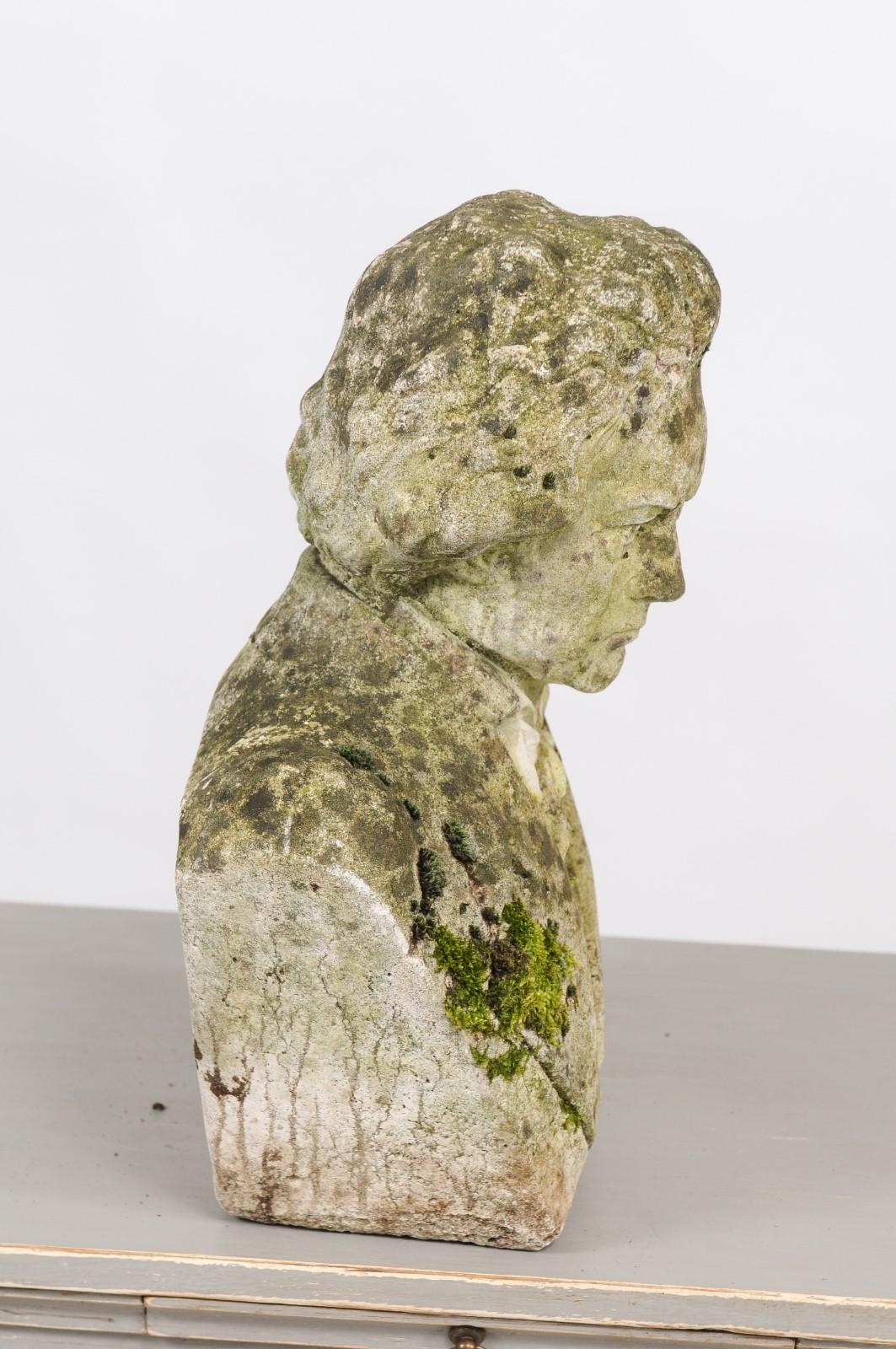 French Bust Sculpture of Ludwig van Beethoven with Moss, Early 20th Century 2