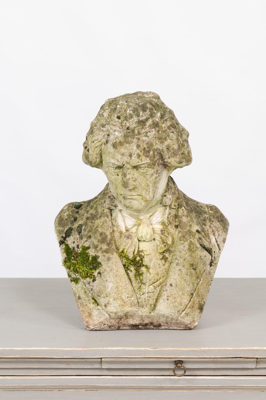 French Bust Sculpture of Ludwig van Beethoven with Moss, Early 20th Century 3