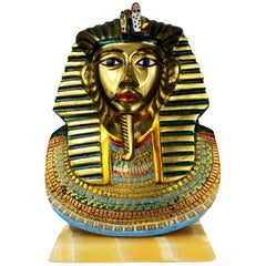 French Bust Tutankhamon in Brass, Hand-Painted with Marble Base, 1950s