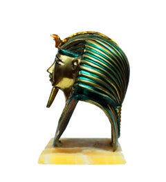 French Bust Tutankhamon in Brass, Hand-Painted with Marble Base, 1950s