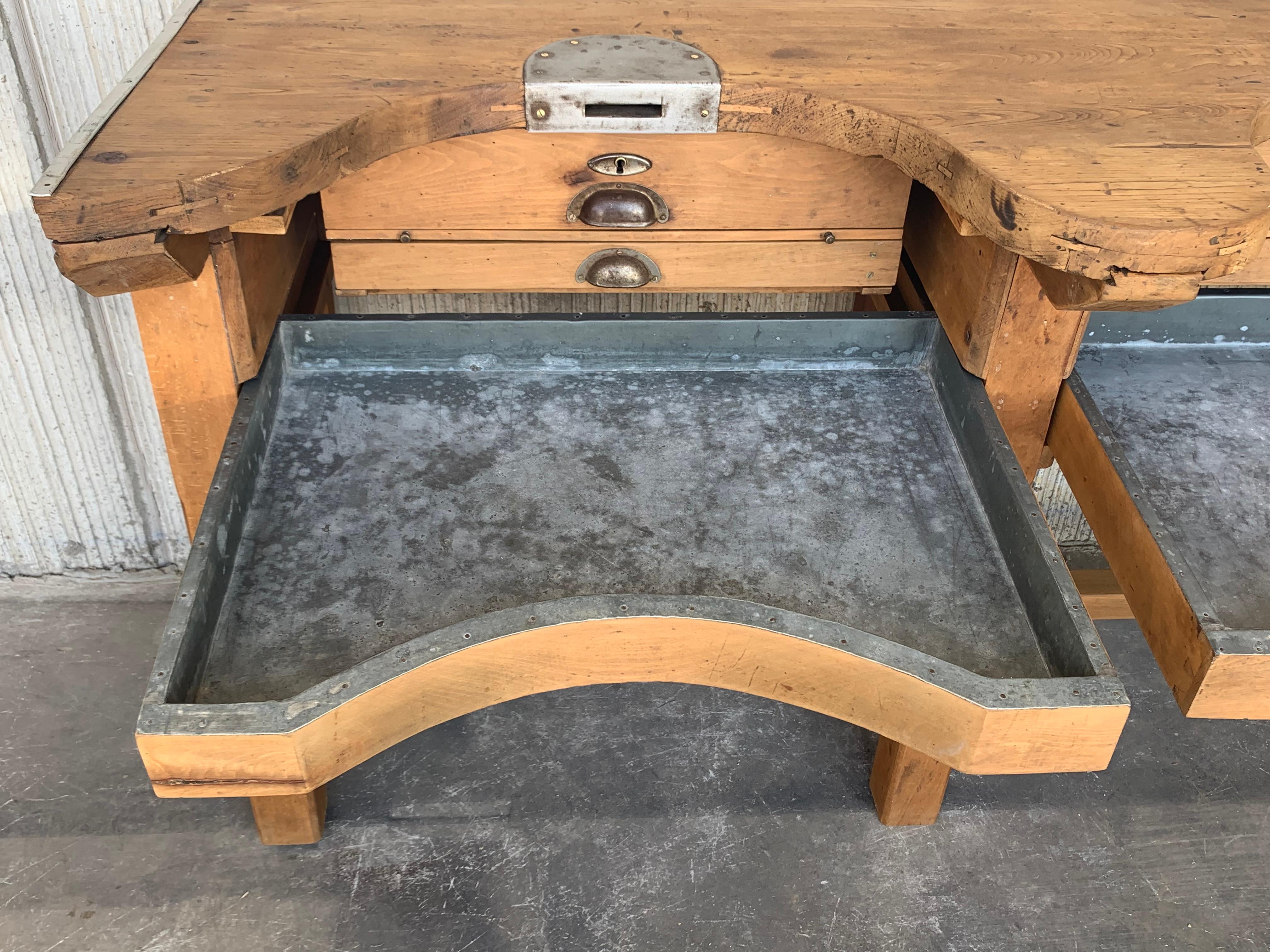 French Jewery Bench or Work Bench Table with Zinc-Lined Drawers and Compartment 6