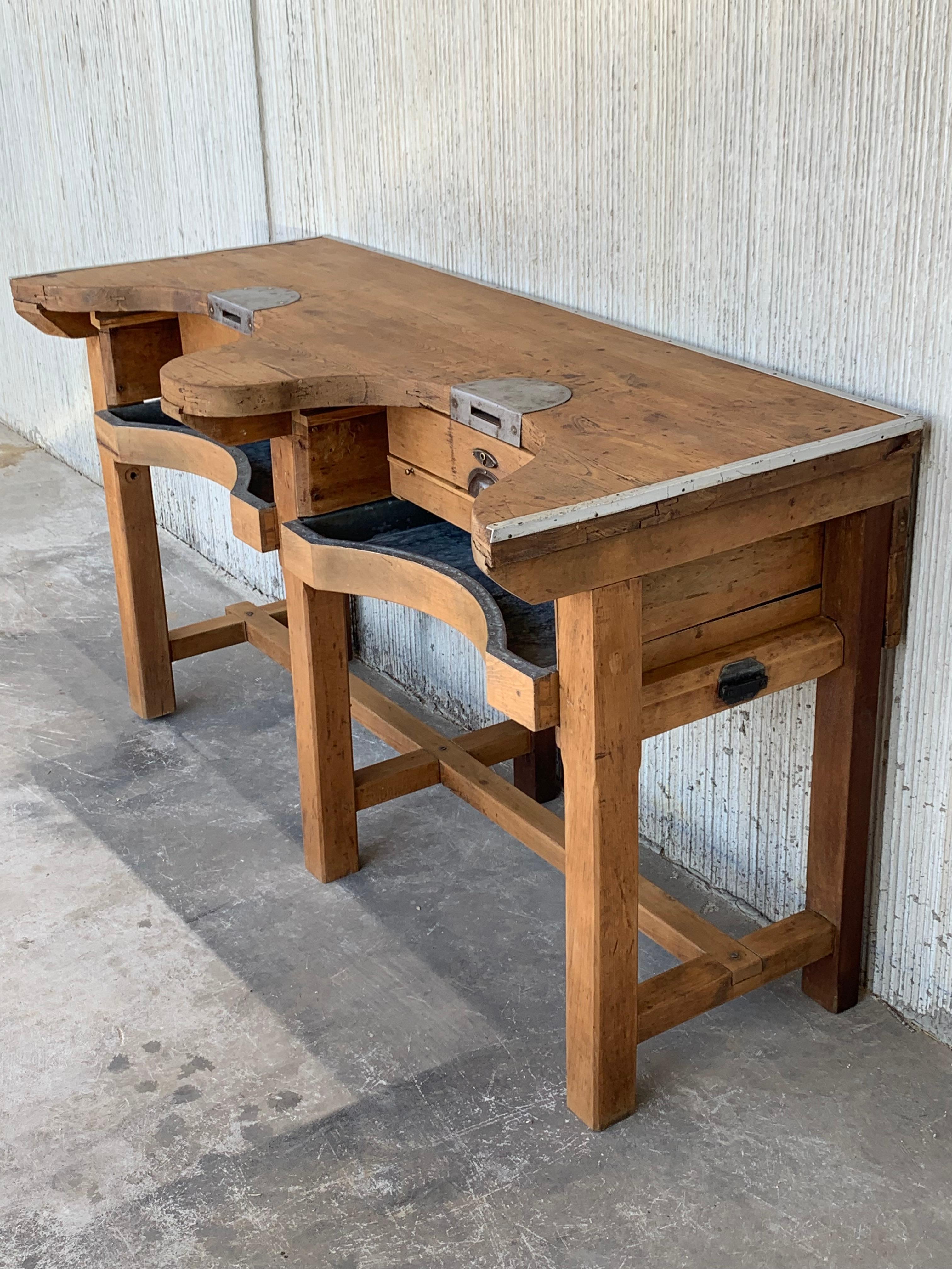 Mid-Century Modern French Jewery Bench or Work Bench Table with Zinc-Lined Drawers and Compartment