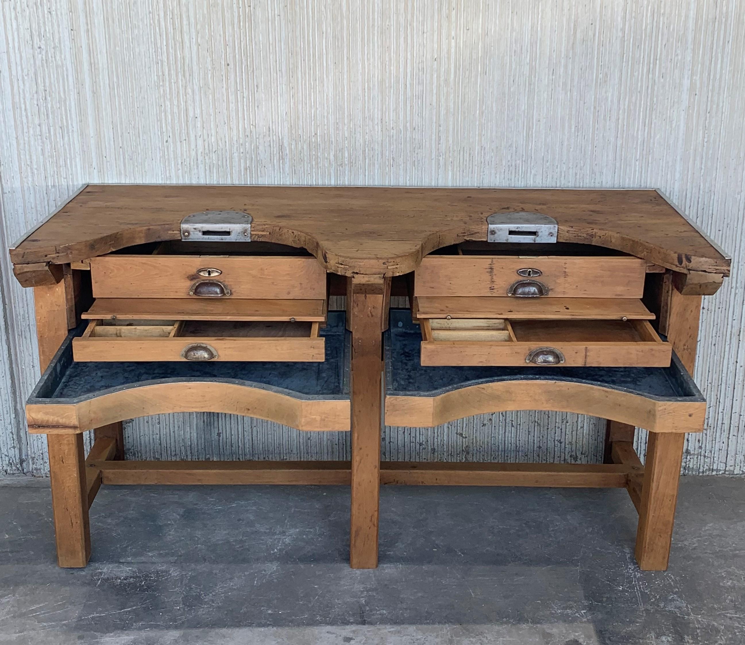 20th Century French Jewery Bench or Work Bench Table with Zinc-Lined Drawers and Compartment