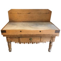 French Butcher Block Table in Oak Wood with Marble Top from 19th Century
