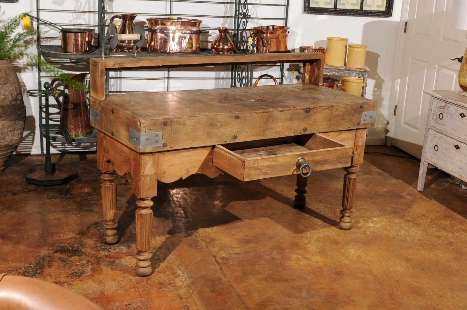 French Butcher Block Table with Single Drawer, Utensil Holder and Carved Apron 4