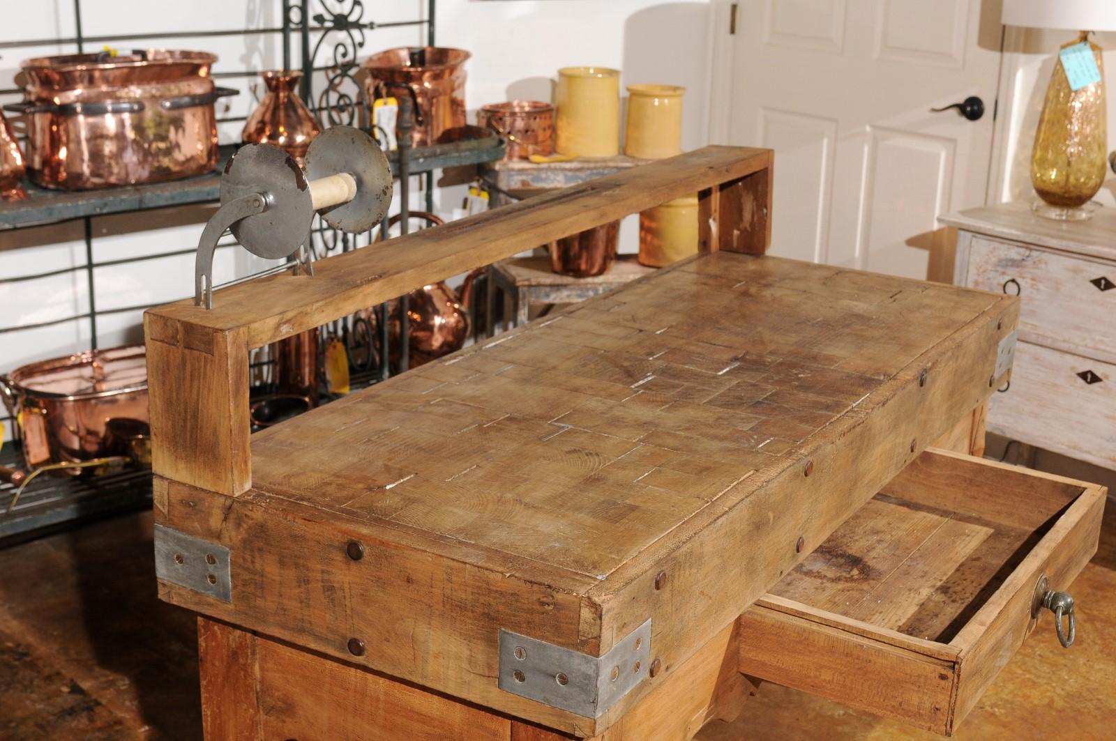 French Butcher Block Table with Single Drawer, Utensil Holder and Carved Apron 6