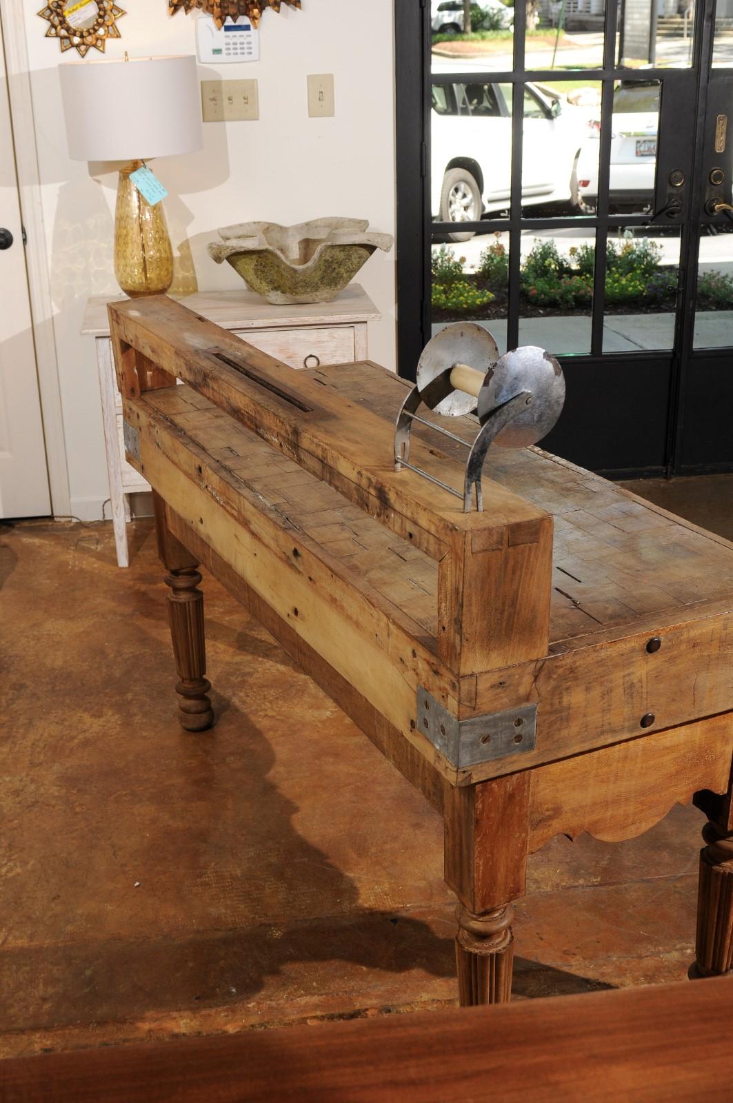 French Butcher Block Table with Single Drawer, Utensil Holder and Carved Apron In Fair Condition In Atlanta, GA