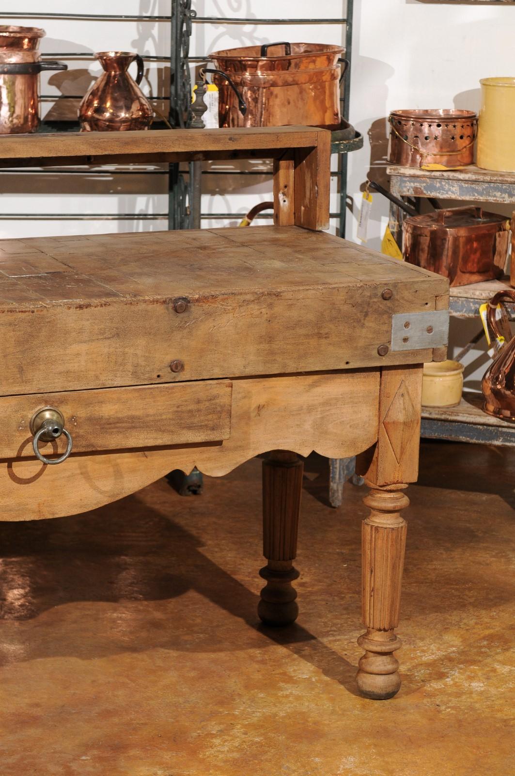 French Butcher Block Table with Single Drawer, Utensil Holder and Carved Apron 3