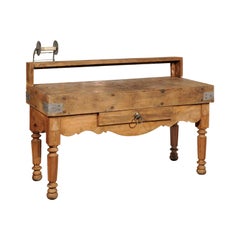 French Butcher Block Table with Single Drawer, Utensil Holder and Carved Apron