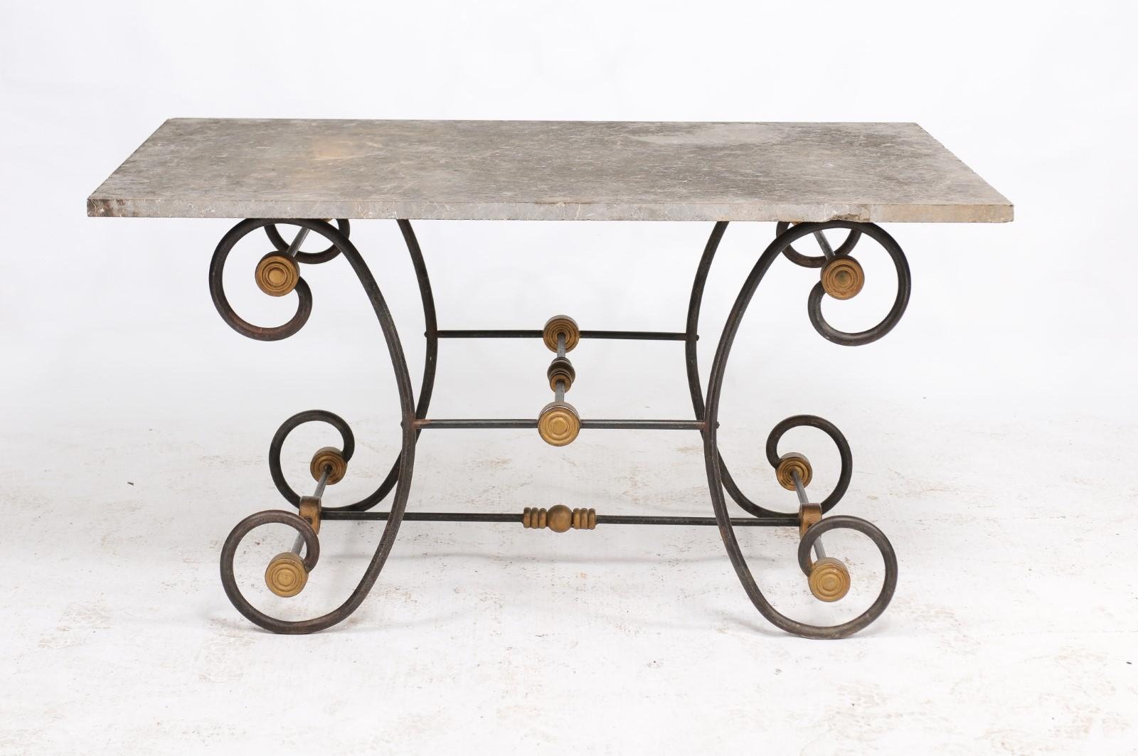 French Butcher Table with Scrolled Iron Base and Wooden Top, Late 19th Century For Sale 7
