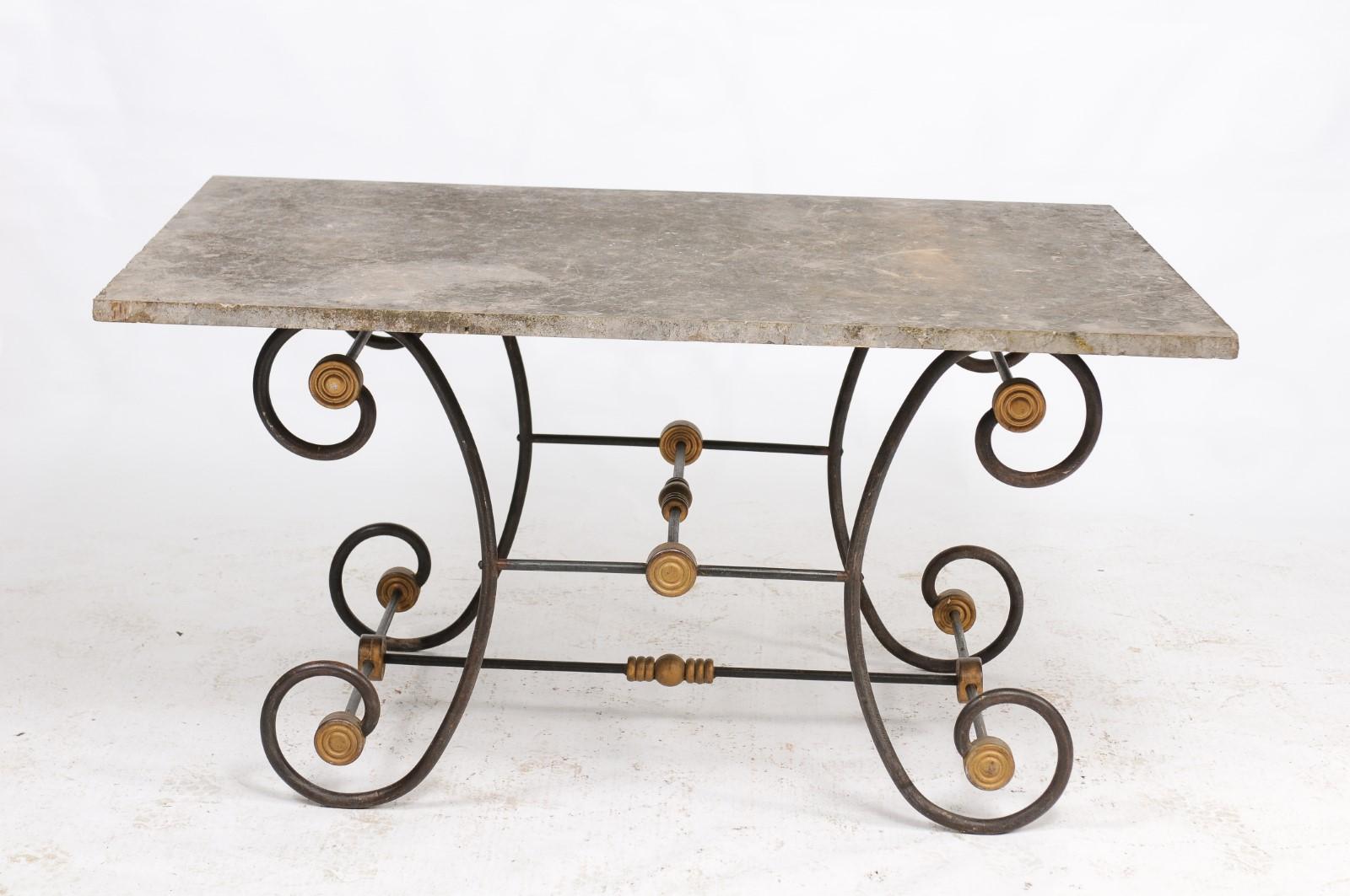 French Butcher Table with Scrolled Iron Base and Wooden Top, Late 19th Century For Sale 1