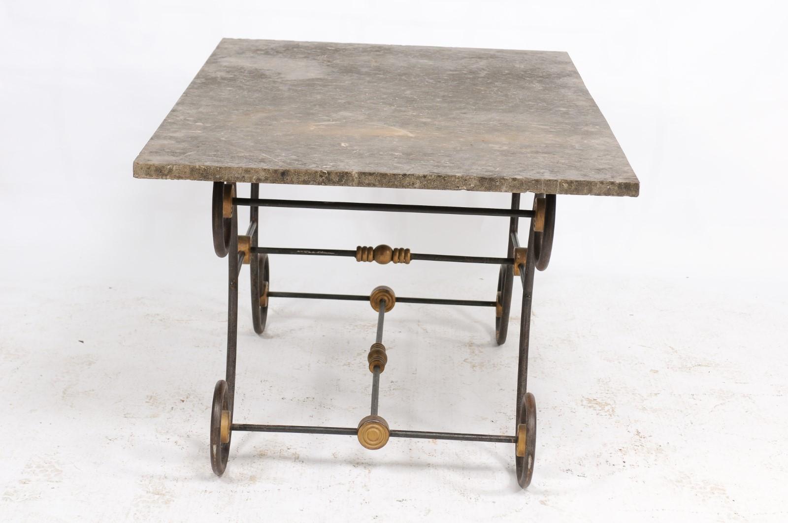 French Butcher Table with Scrolled Iron Base and Wooden Top, Late 19th Century For Sale 3