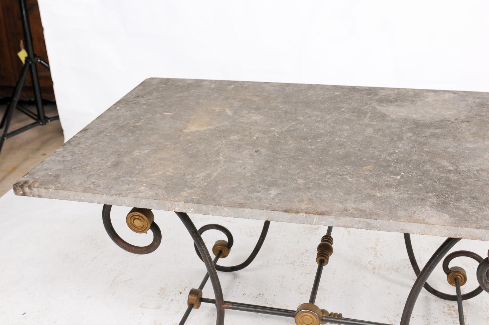 French Butcher Table with Scrolled Iron Base and Wooden Top, Late 19th Century For Sale 4
