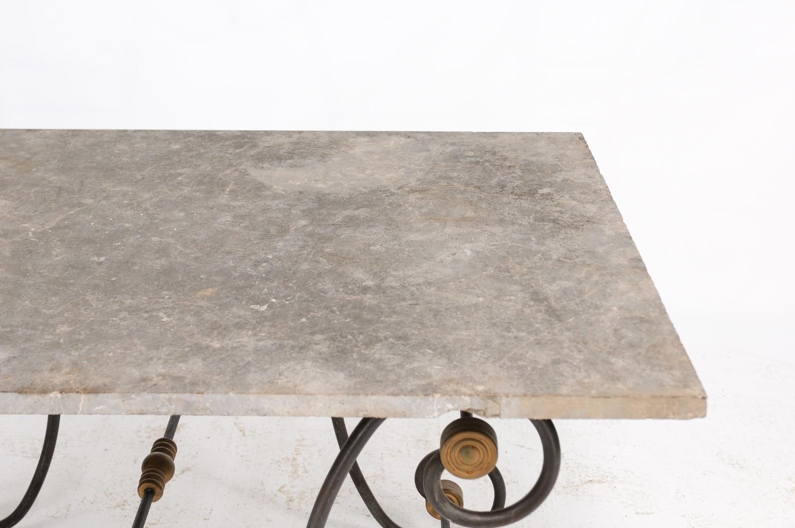 French Butcher Table with Scrolled Iron Base and Wooden Top, Late 19th Century For Sale 5