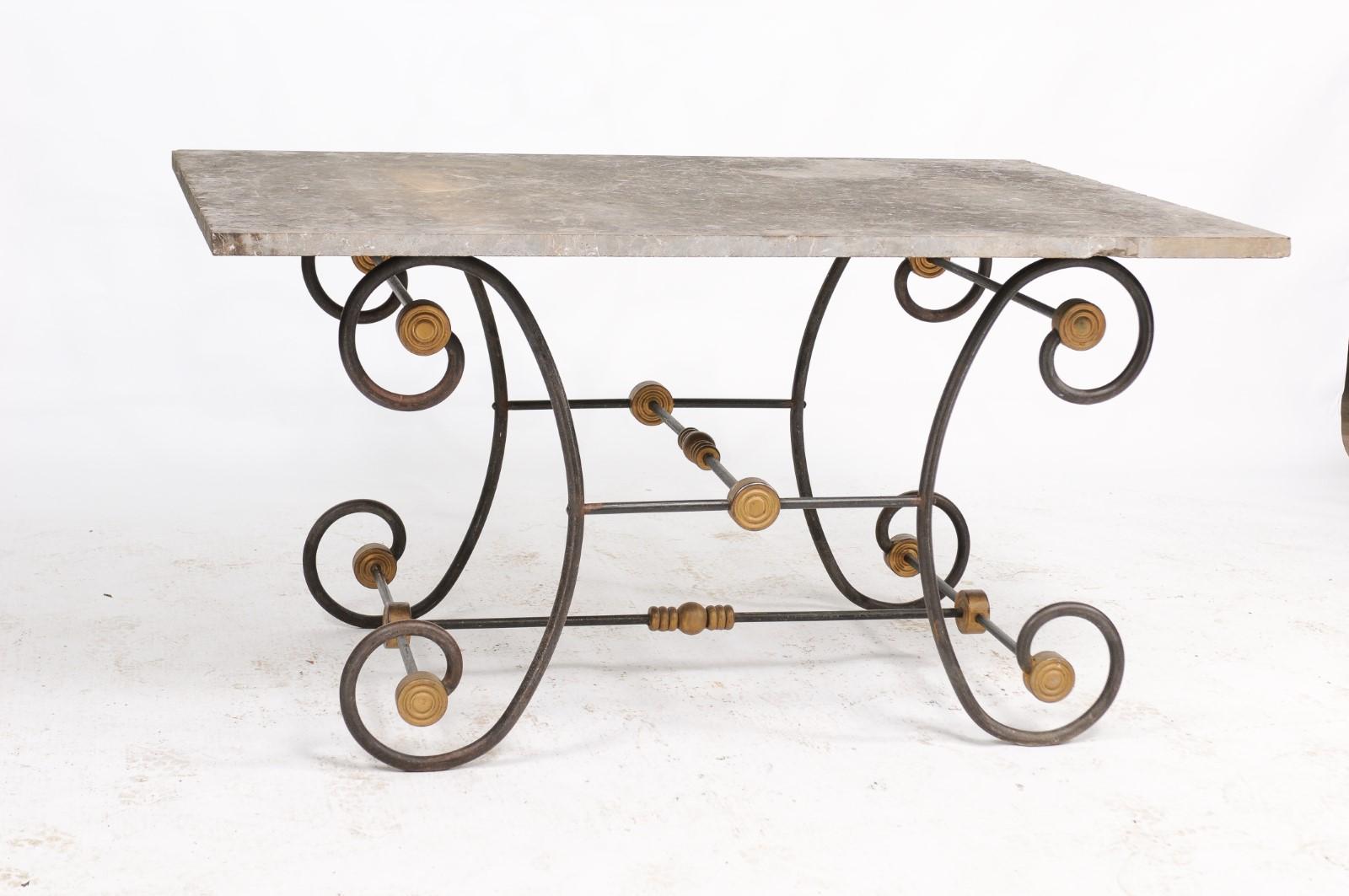 French Butcher Table with Scrolled Iron Base and Wooden Top, Late 19th Century For Sale 6