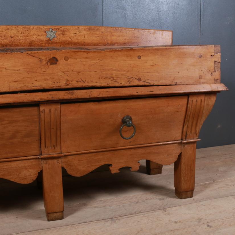 Good 19th century French butchers block with knife holder, 1860

Height to the worktop 31.5 inchs (80cm)

Dimensions
67 inches (170 cms) wide
24.5 inches (62 cms) deep
36.5 inches (93 cms) high.



   