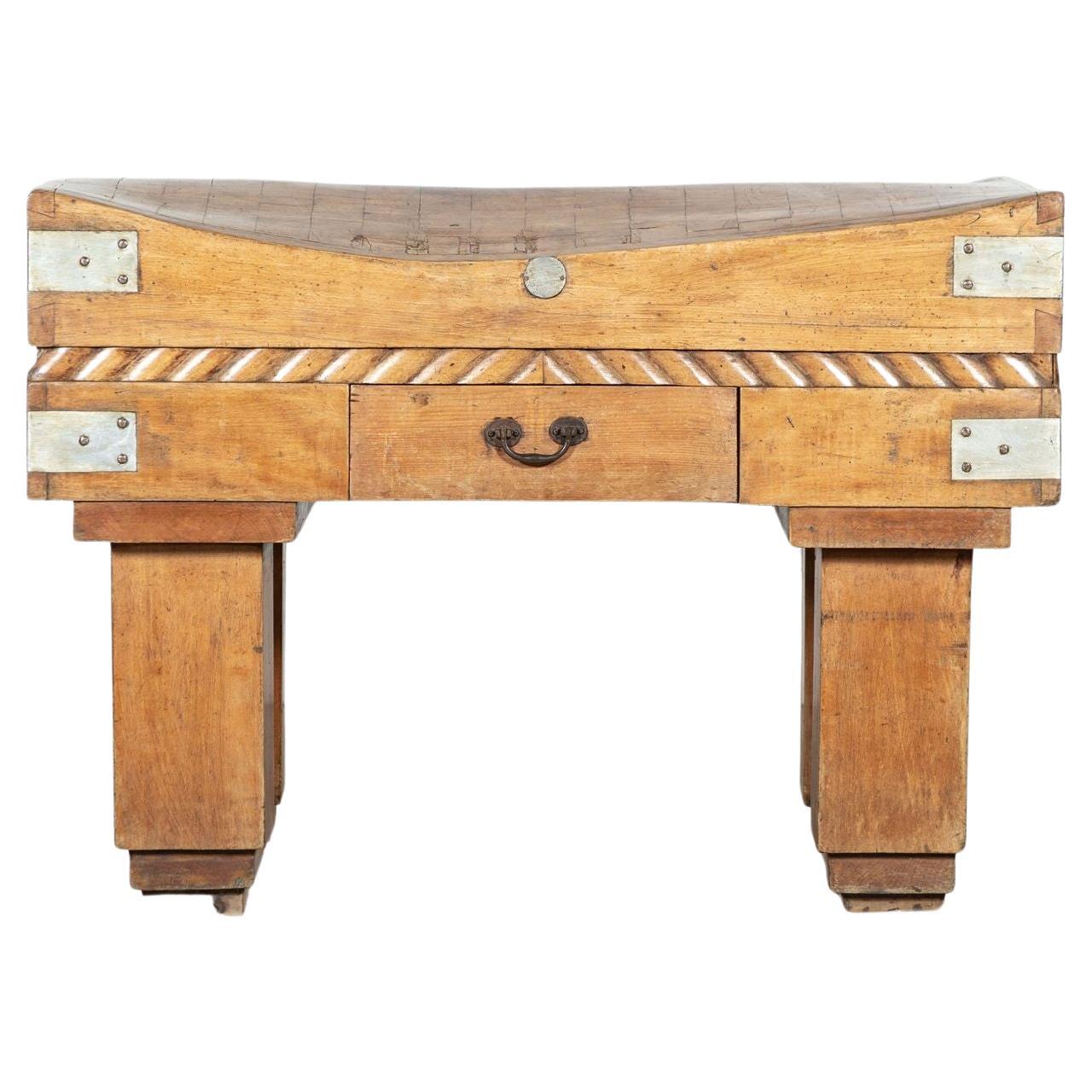 French Butchers Block on Original Stand, Beech, Brown, Early 20th Century For Sale
