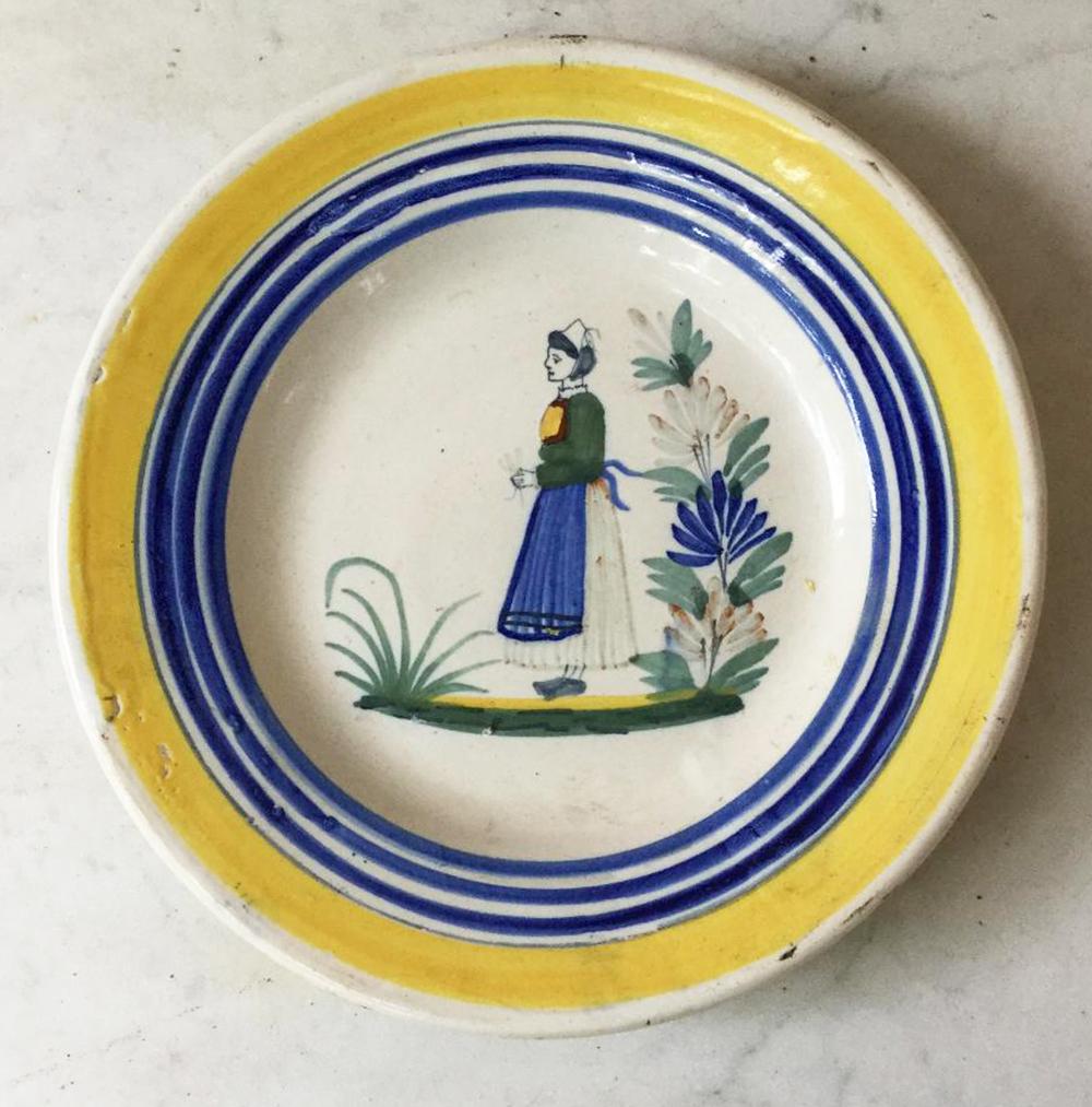 Faience French Butter Dish with Man Playing Bagpipe Quimper
