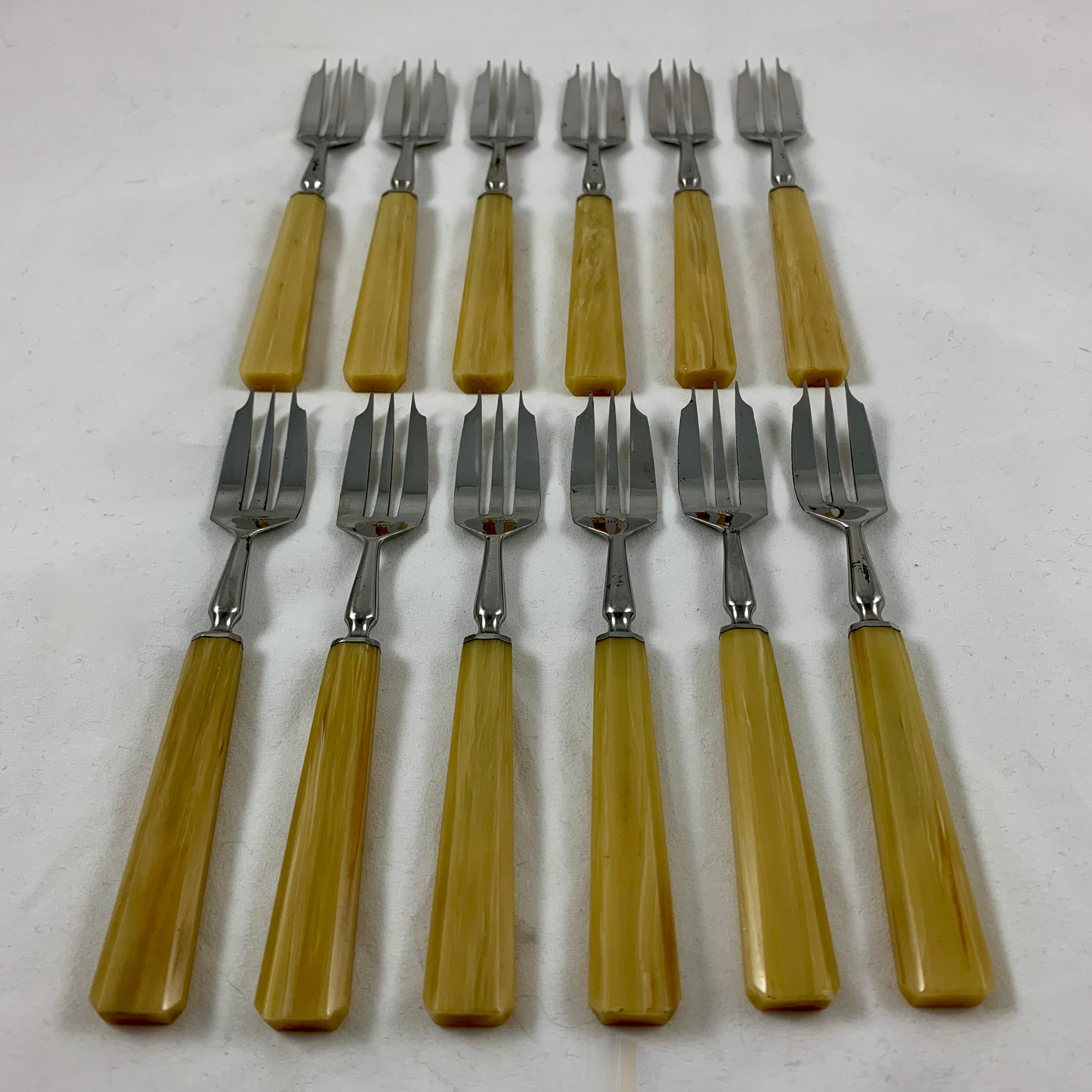 20th Century French Butterscotch Bakelite & Stainless Art Deco Pastry Forks, Cased Set of 12