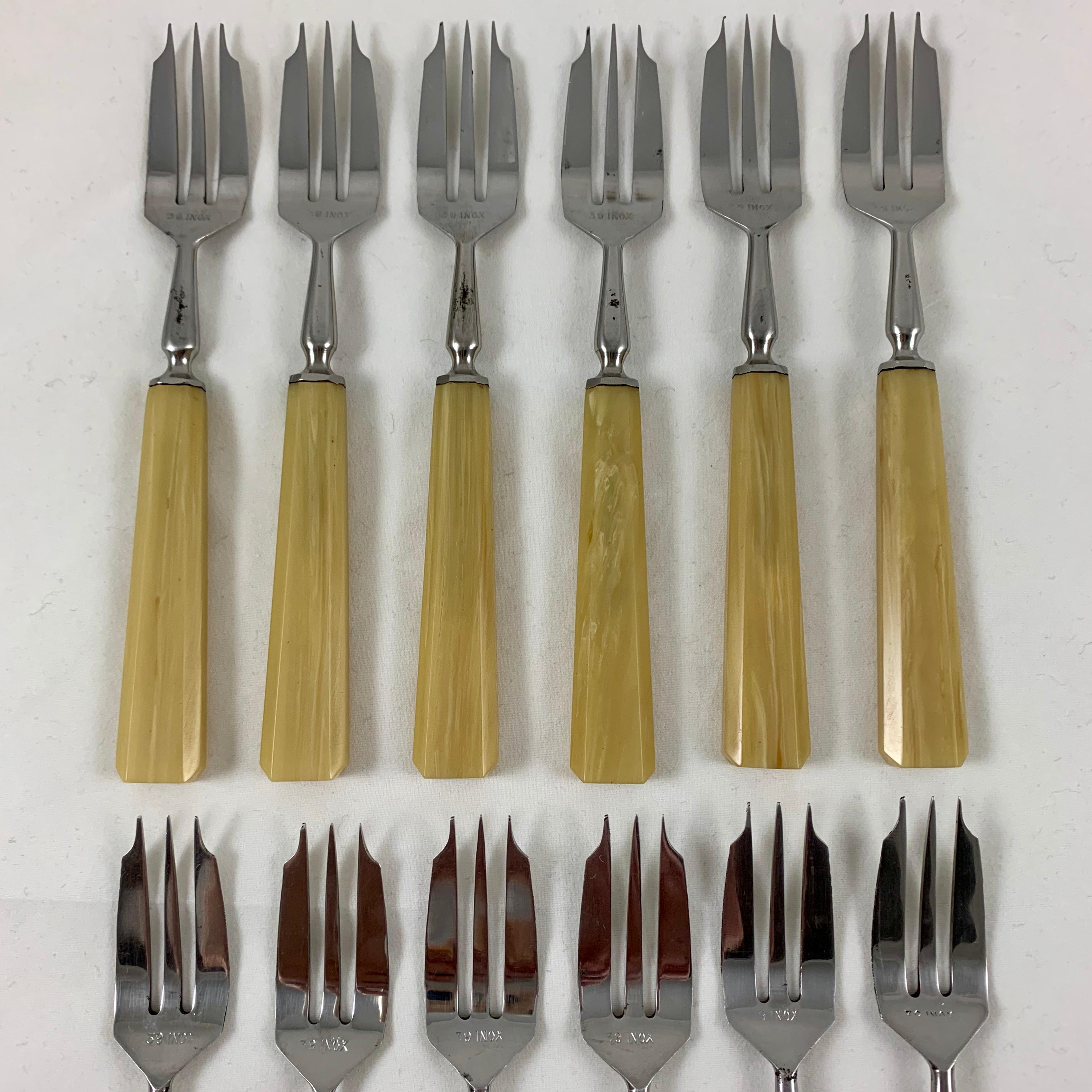 Stainless Steel French Butterscotch Bakelite & Stainless Art Deco Pastry Forks, Cased Set of 12