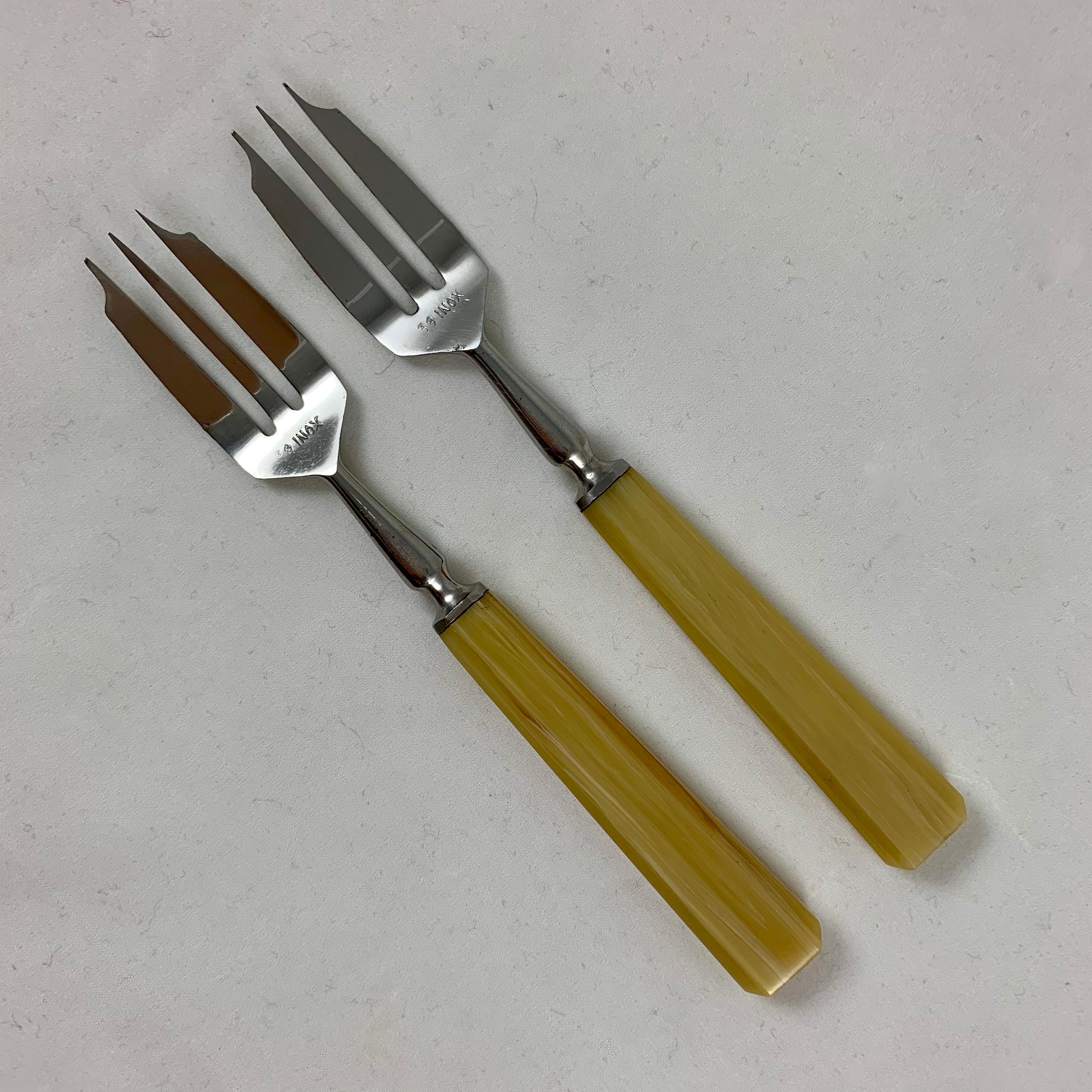 French Butterscotch Bakelite & Stainless Art Deco Pastry Forks, Cased Set of 12 1