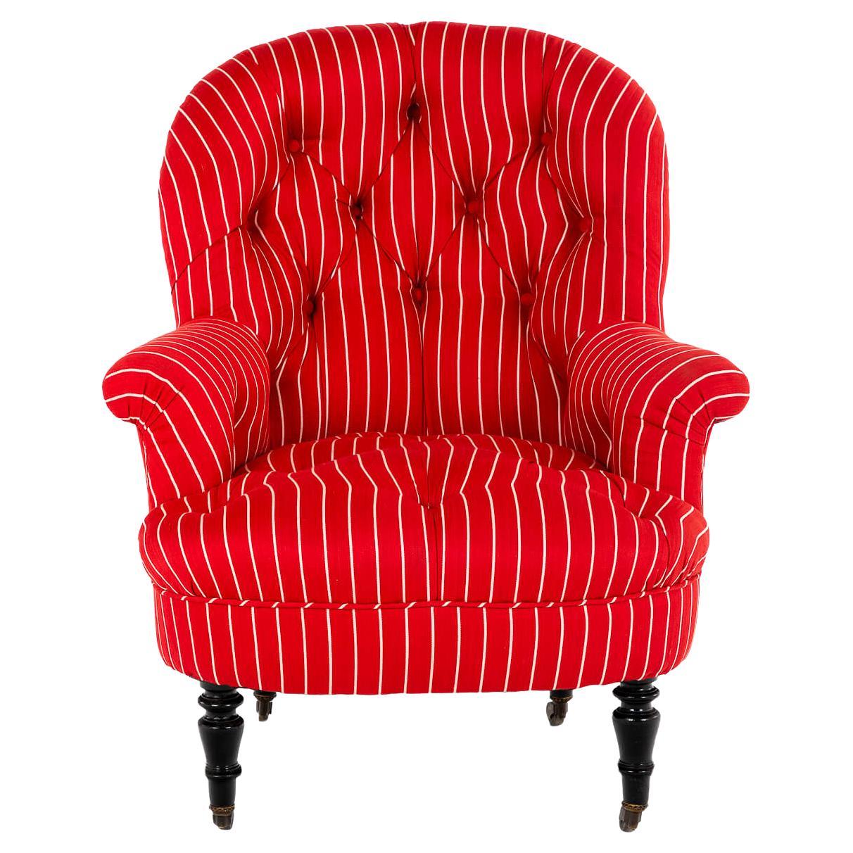 French Button Back Red Stripe Armchair