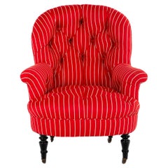 French Button Back Red Stripe Armchair