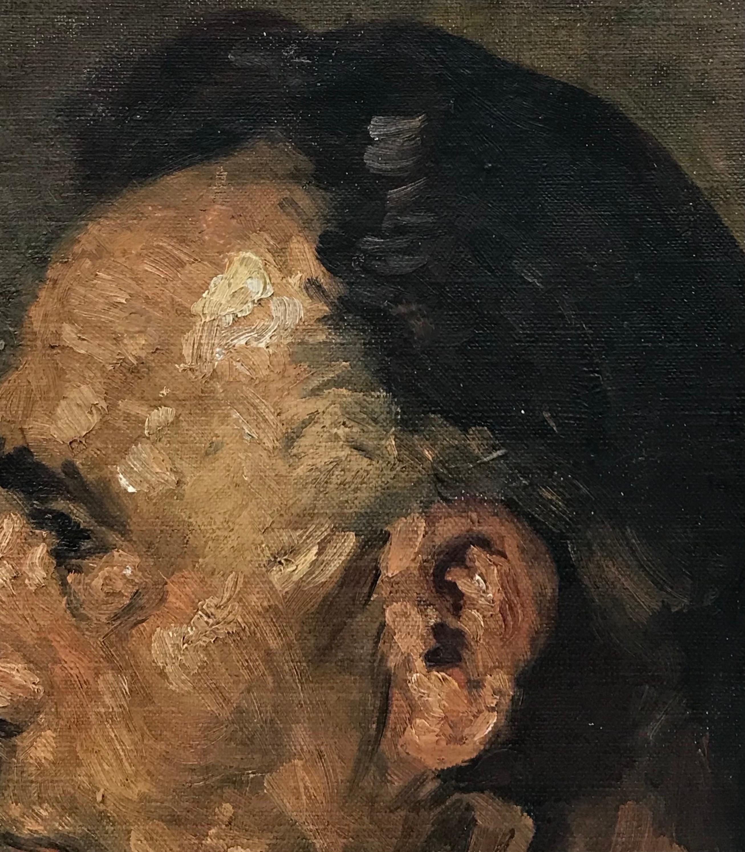 Artist/ School: French School, early 1900's

Title: Profile portrait of a mans head. 

Medium: oil on canvas stuck down over board, unframed

Board: 15.5 x 11.5 inches

Provenance: private collection, France

Condition: The painting is in overall