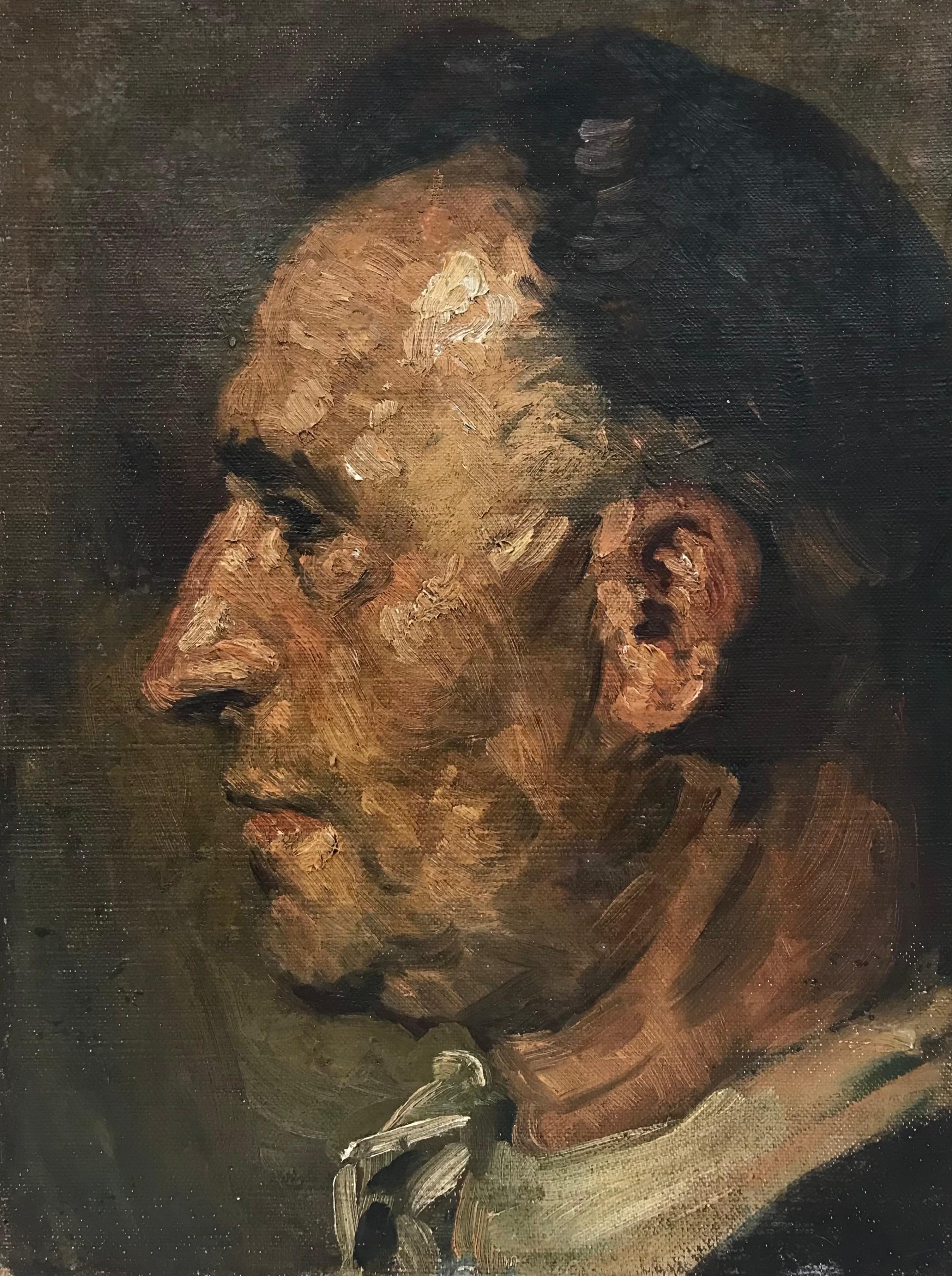 French c. 1900's Figurative Painting - Superb French Impressionist Oil, Profile Portrait of Mans Head, c. 1900