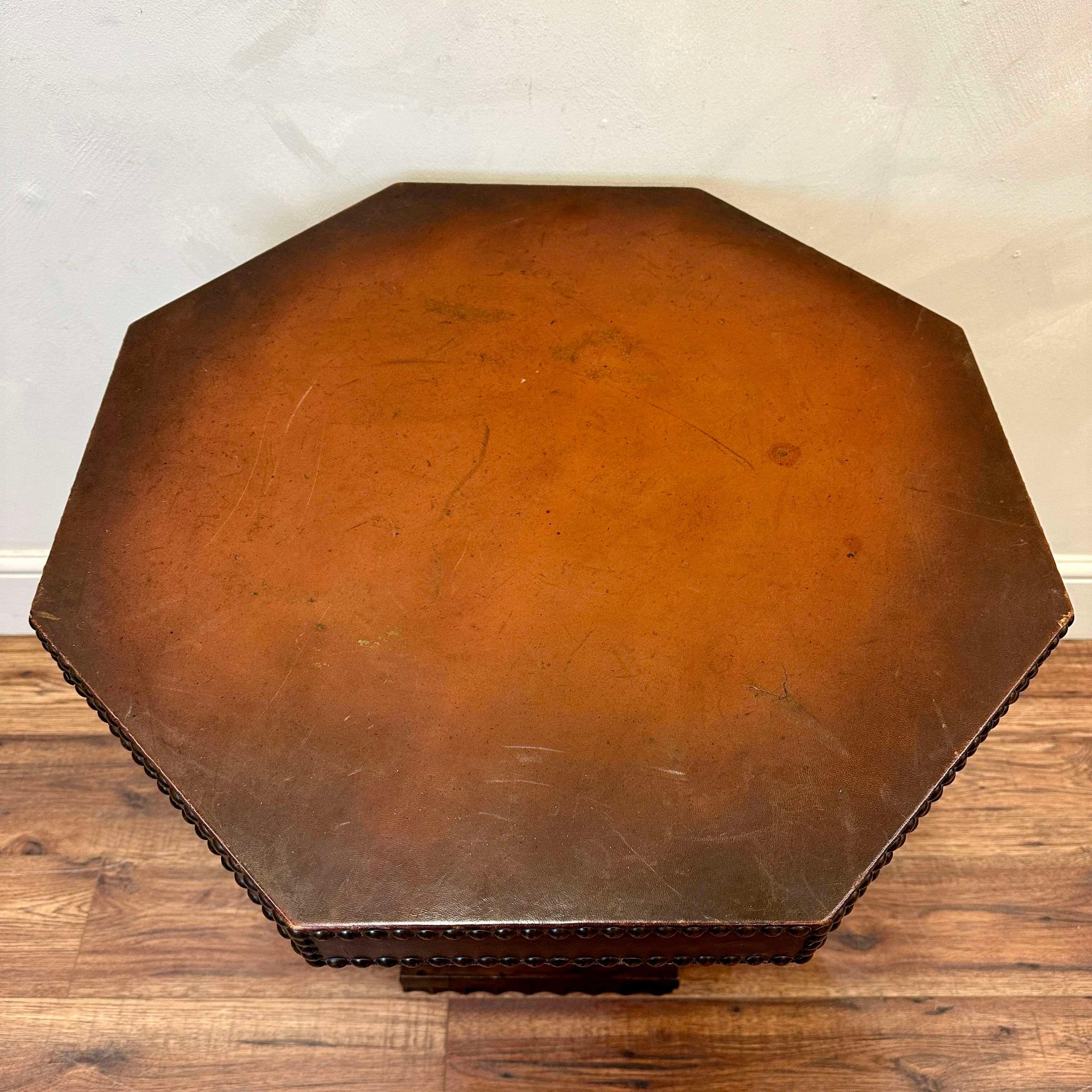 Hand-Crafted French C 1950 Leather Studded Side Table For Sale