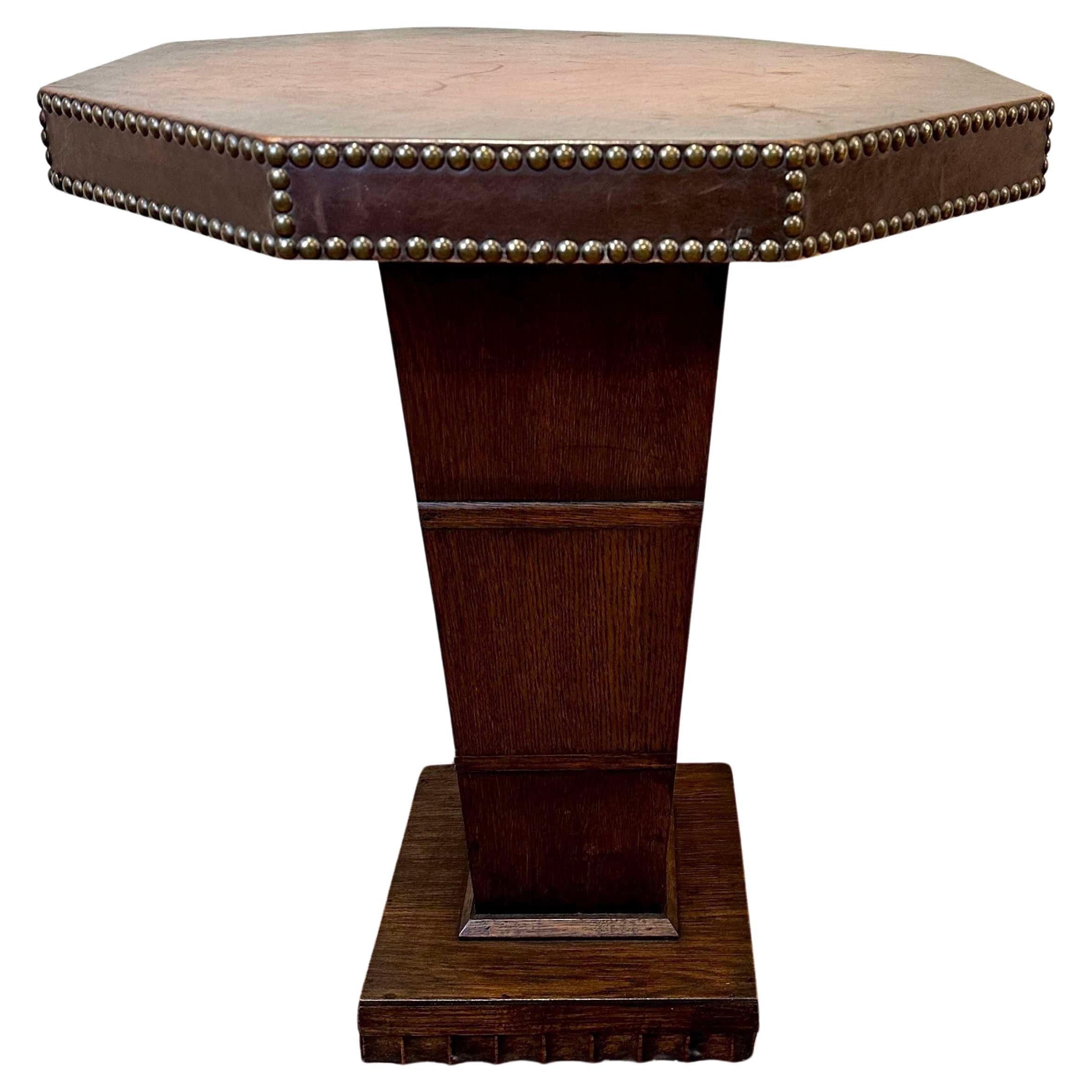 French C 1950 Leather Studded Side Table For Sale