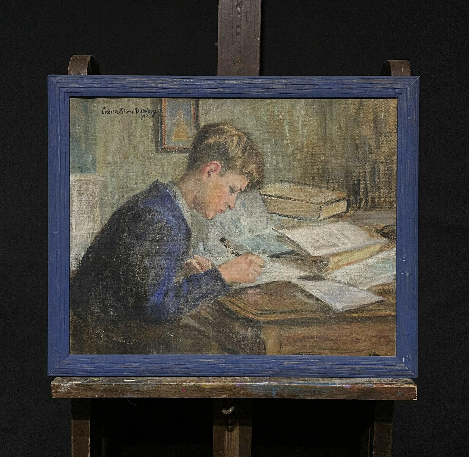 Pupil at His Desk doing Home Work, signed & dated 1940s French Impressionist Oil - Painting by French c.1940