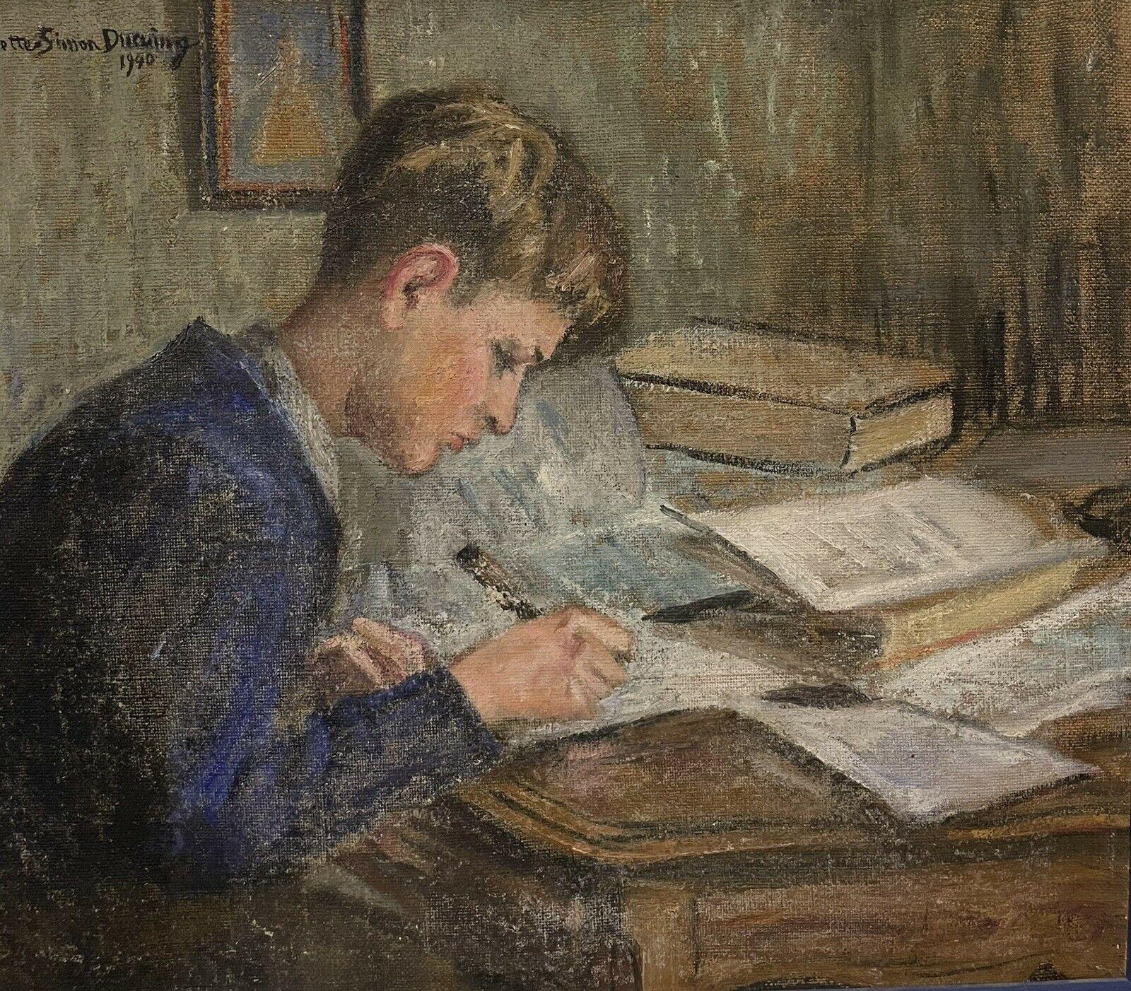 Pupil at His Desk doing Home Work, signed & dated 1940s French Impressionist Oil - Gray Portrait Painting by French c.1940