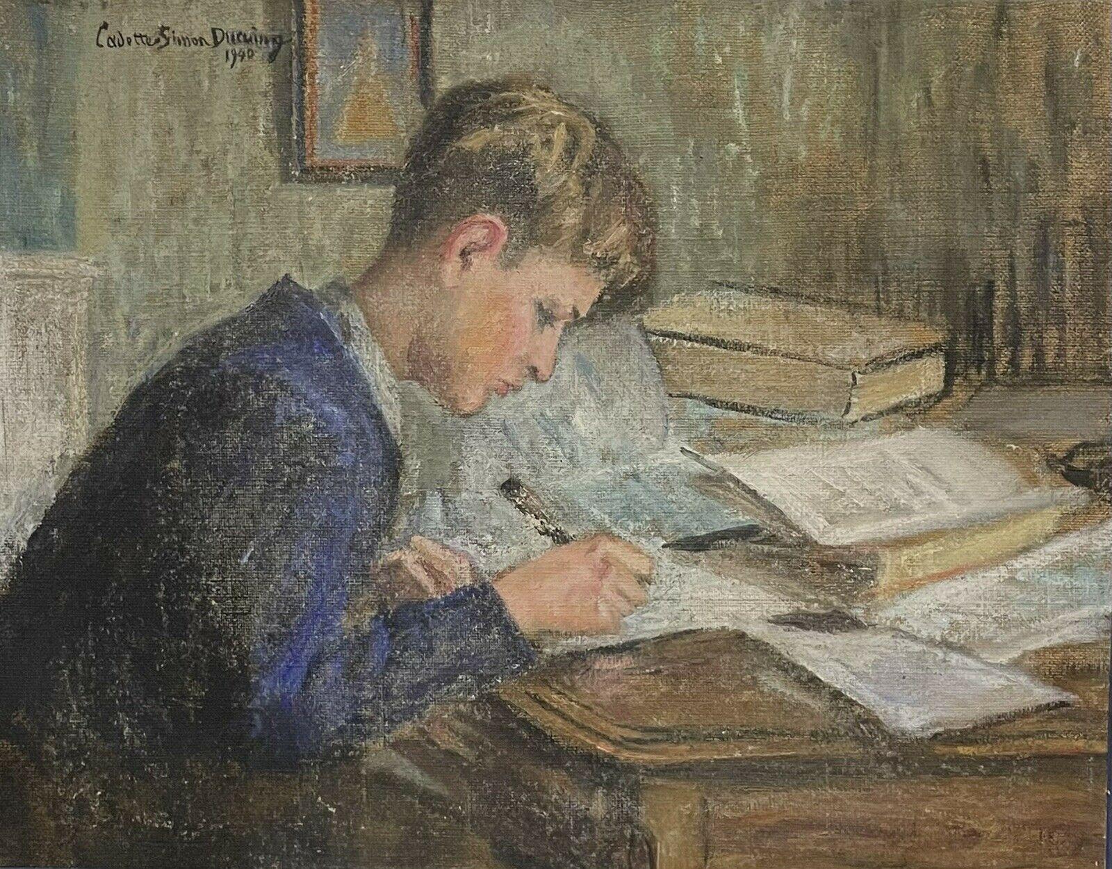 French c.1940 Portrait Painting - Pupil at His Desk doing Home Work, signed & dated 1940s French Impressionist Oil