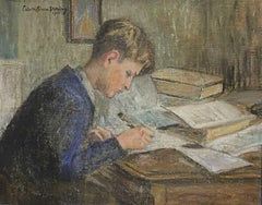 Pupil at His Desk doing Home Work, signed & dated 1940s French Impressionist Oil
