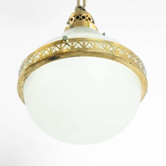 French c 1940 Two Part Brass & Opaque Glass Pendant Light Hallway Lantern Porch