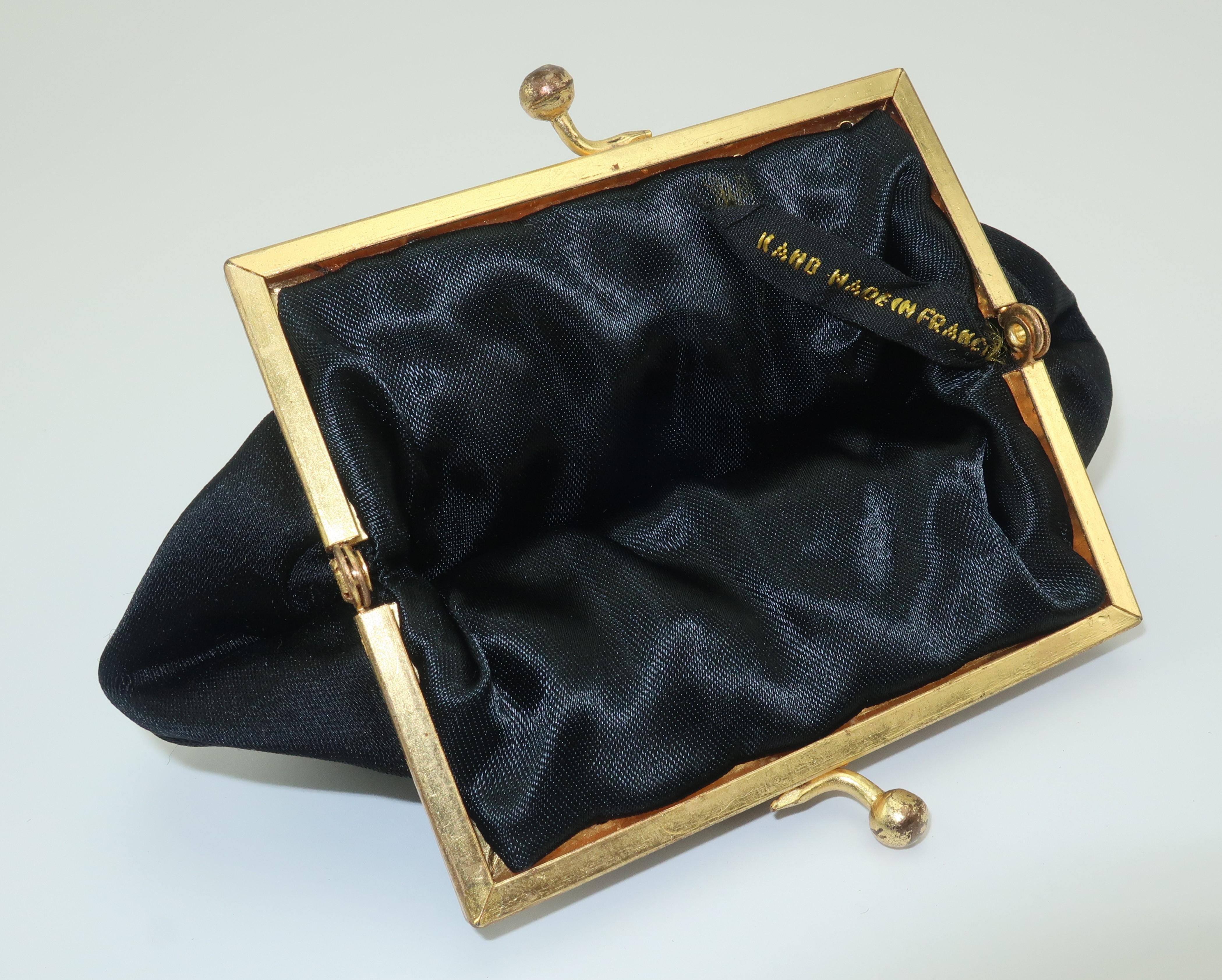 French C.1950 Black Satin Embroidered Handbag With Change Purse 6
