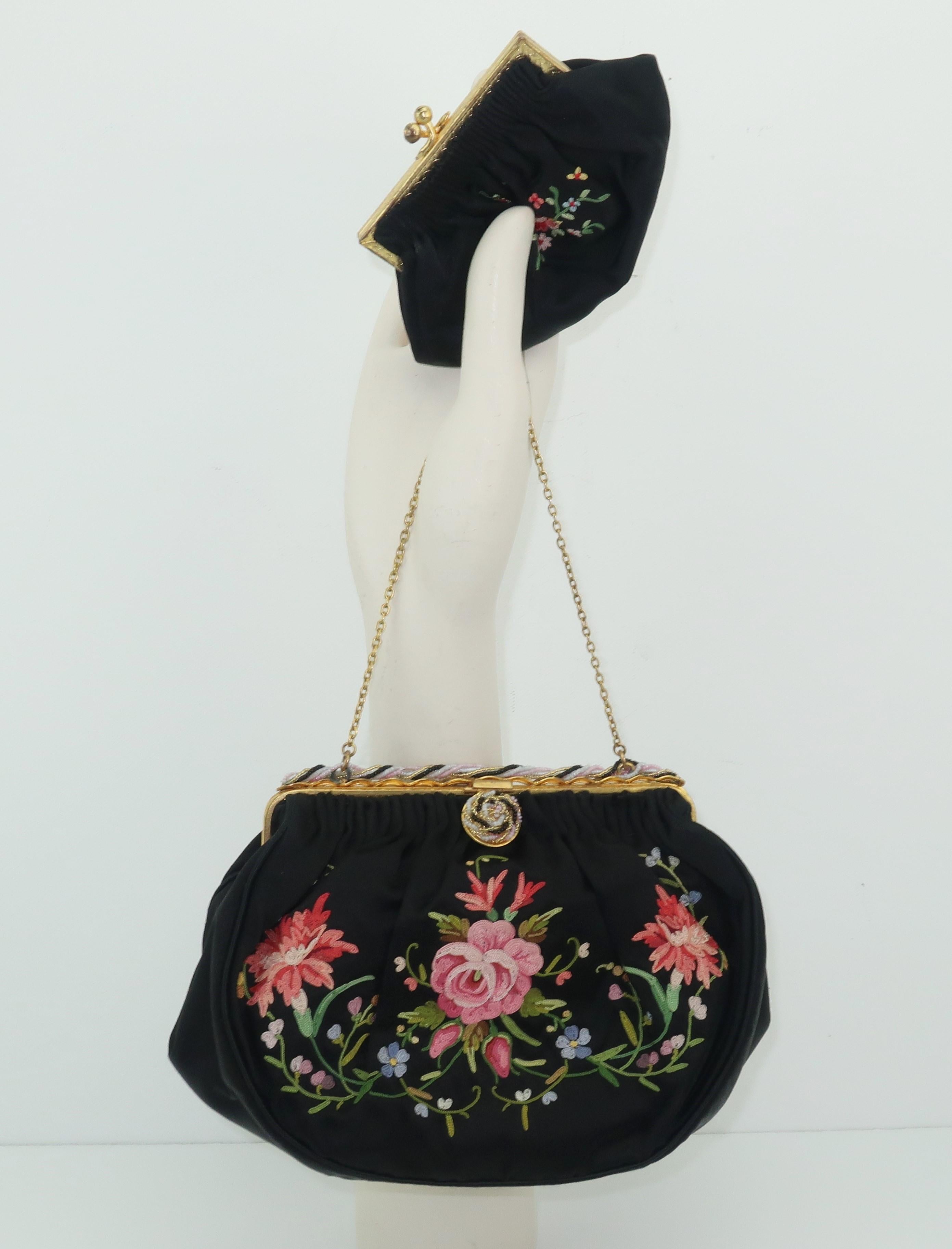 French C.1950 Black Satin Embroidered Handbag With Change Purse 7