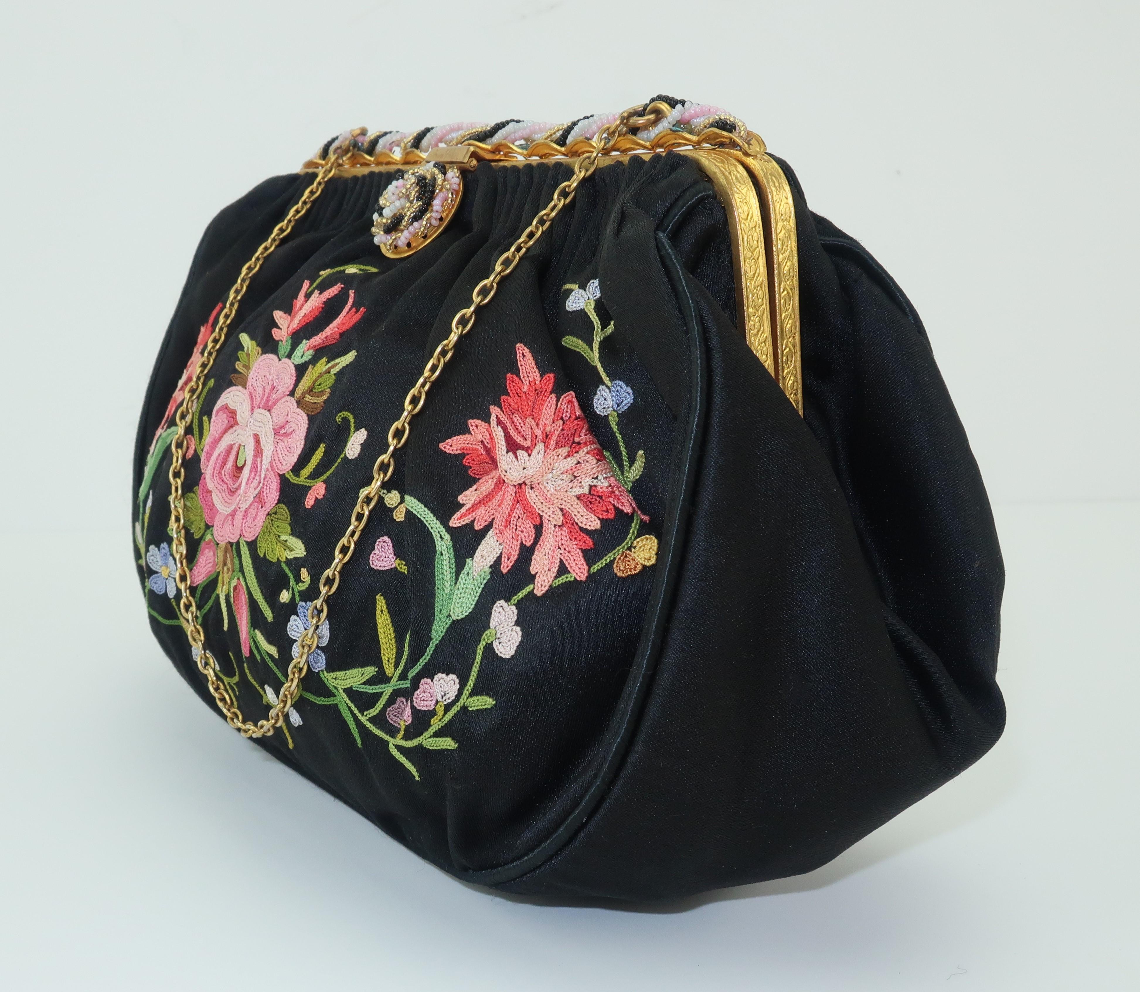 French C.1950 Black Satin Embroidered Handbag With Change Purse 1