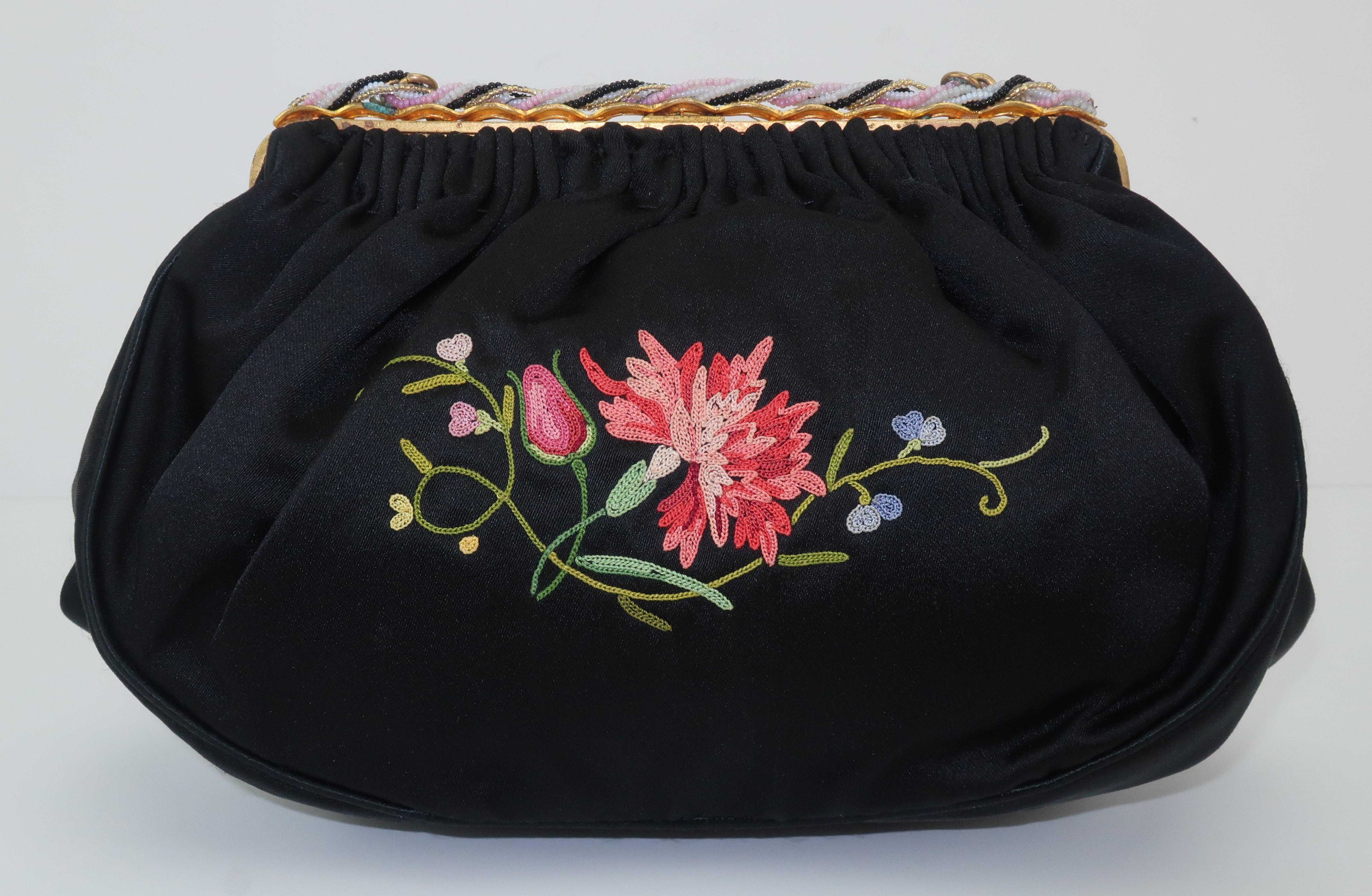 French C.1950 Black Satin Embroidered Handbag With Change Purse 2