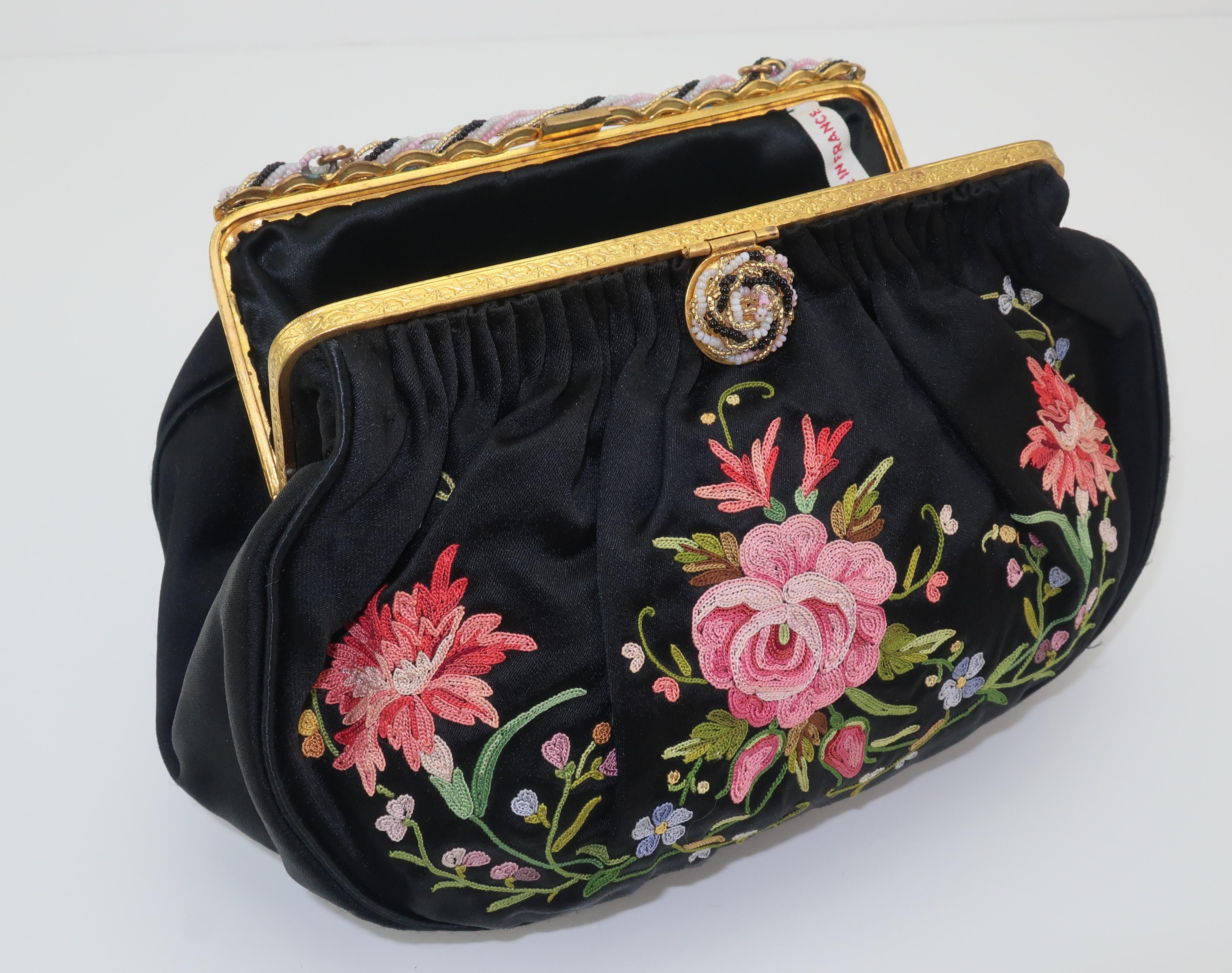 French C.1950 Black Satin Embroidered Handbag With Change Purse 3