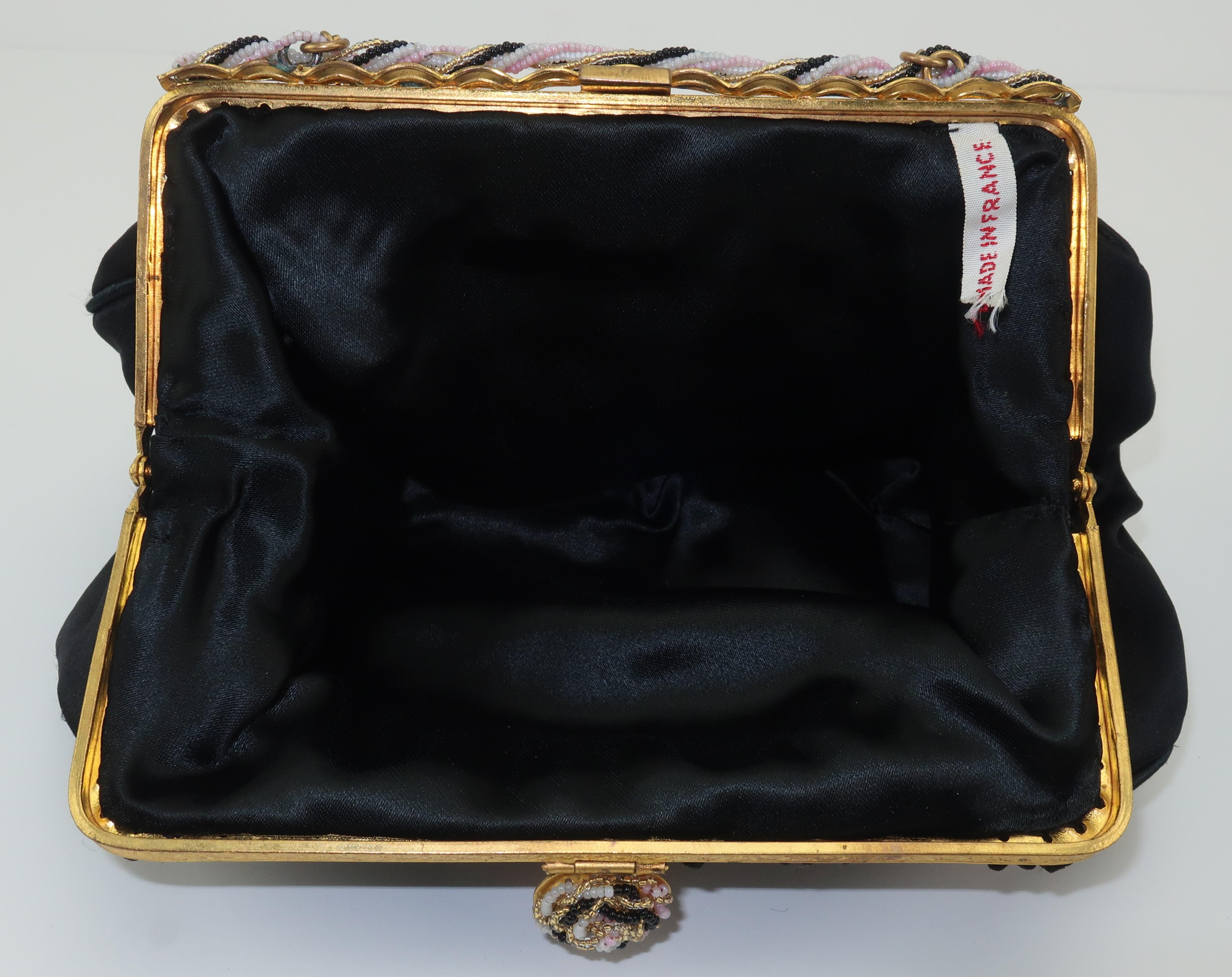 French C.1950 Black Satin Embroidered Handbag With Change Purse 4