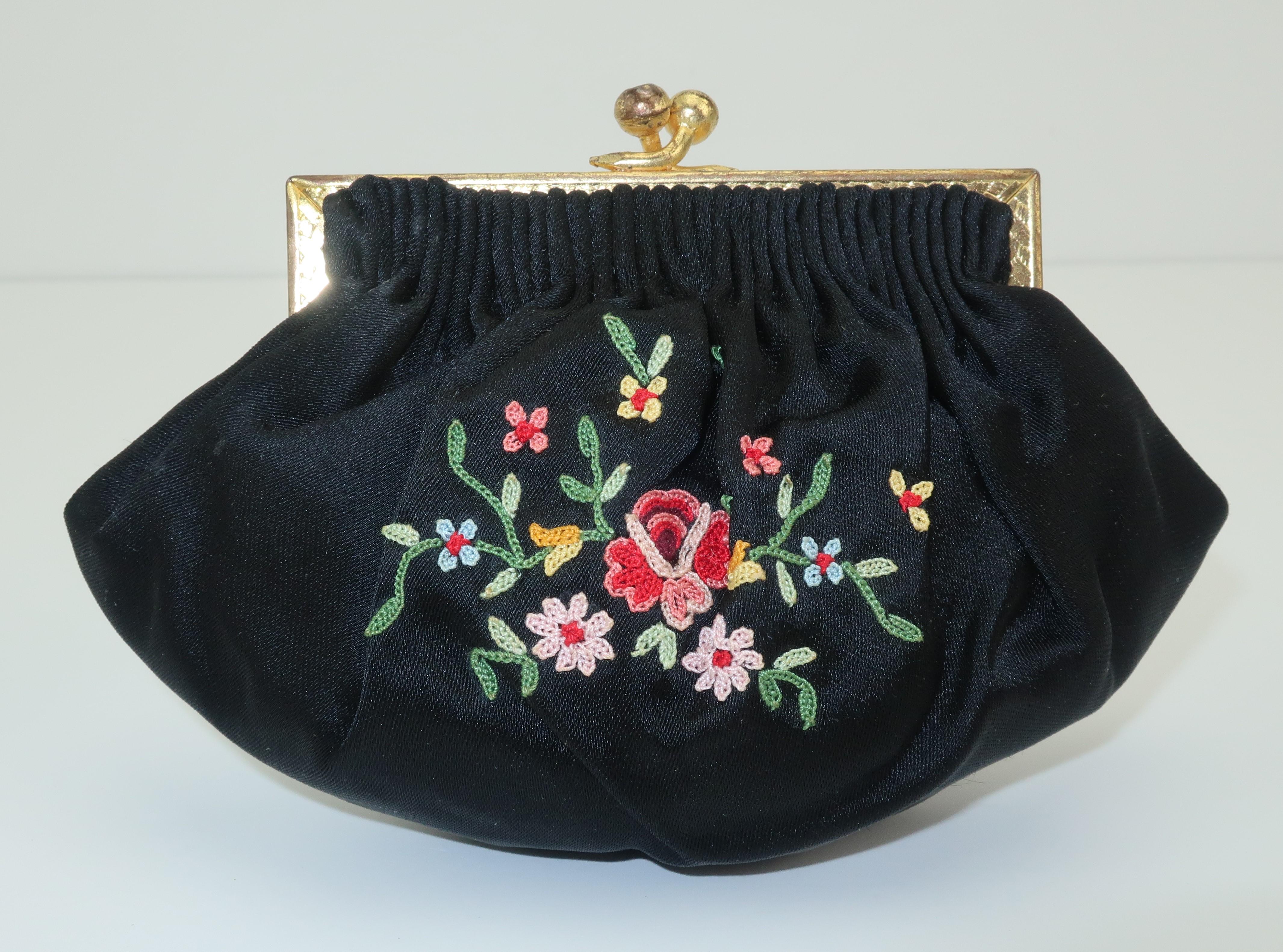 French C.1950 Black Satin Embroidered Handbag With Change Purse 5