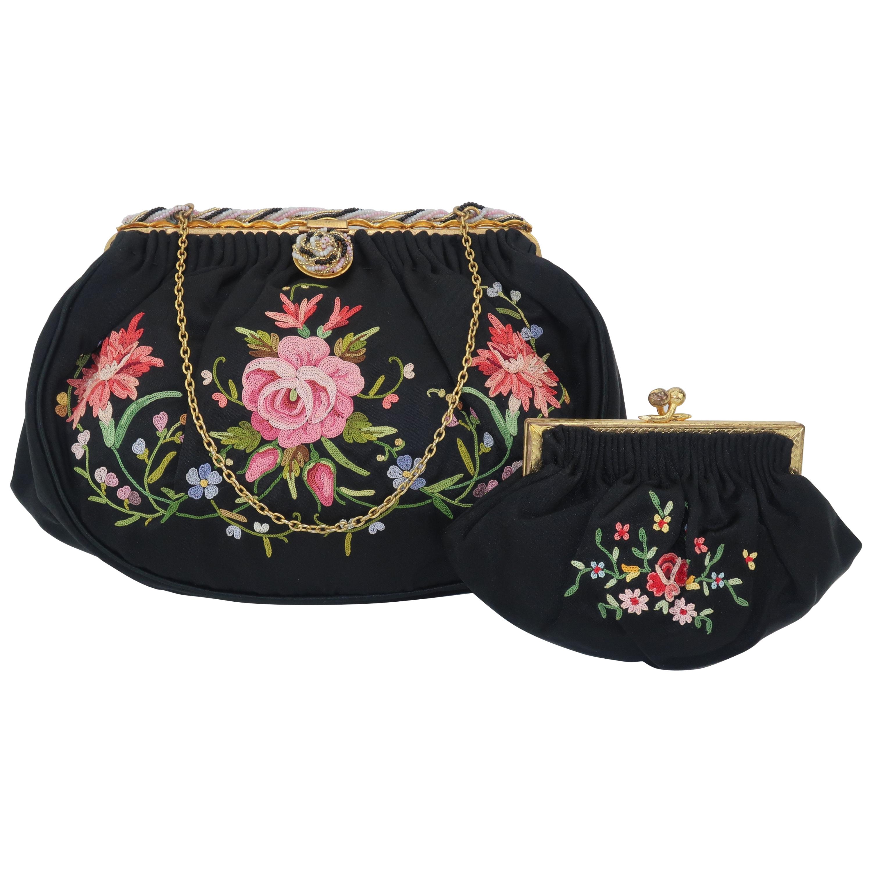 French C.1950 Black Satin Embroidered Handbag With Change Purse