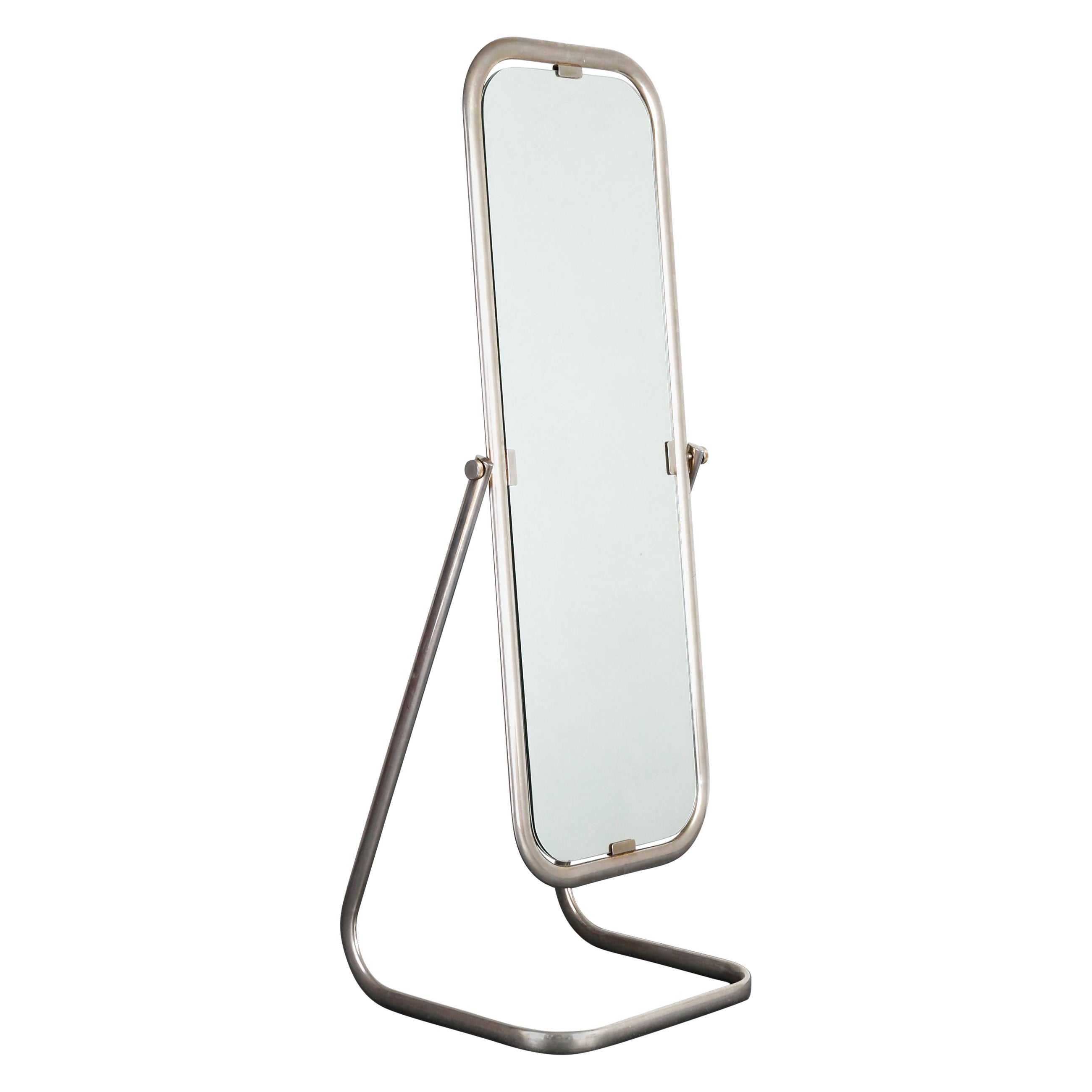 French C.1950s Modernist Nickel Plated Brass Psyche Mirror For Sale