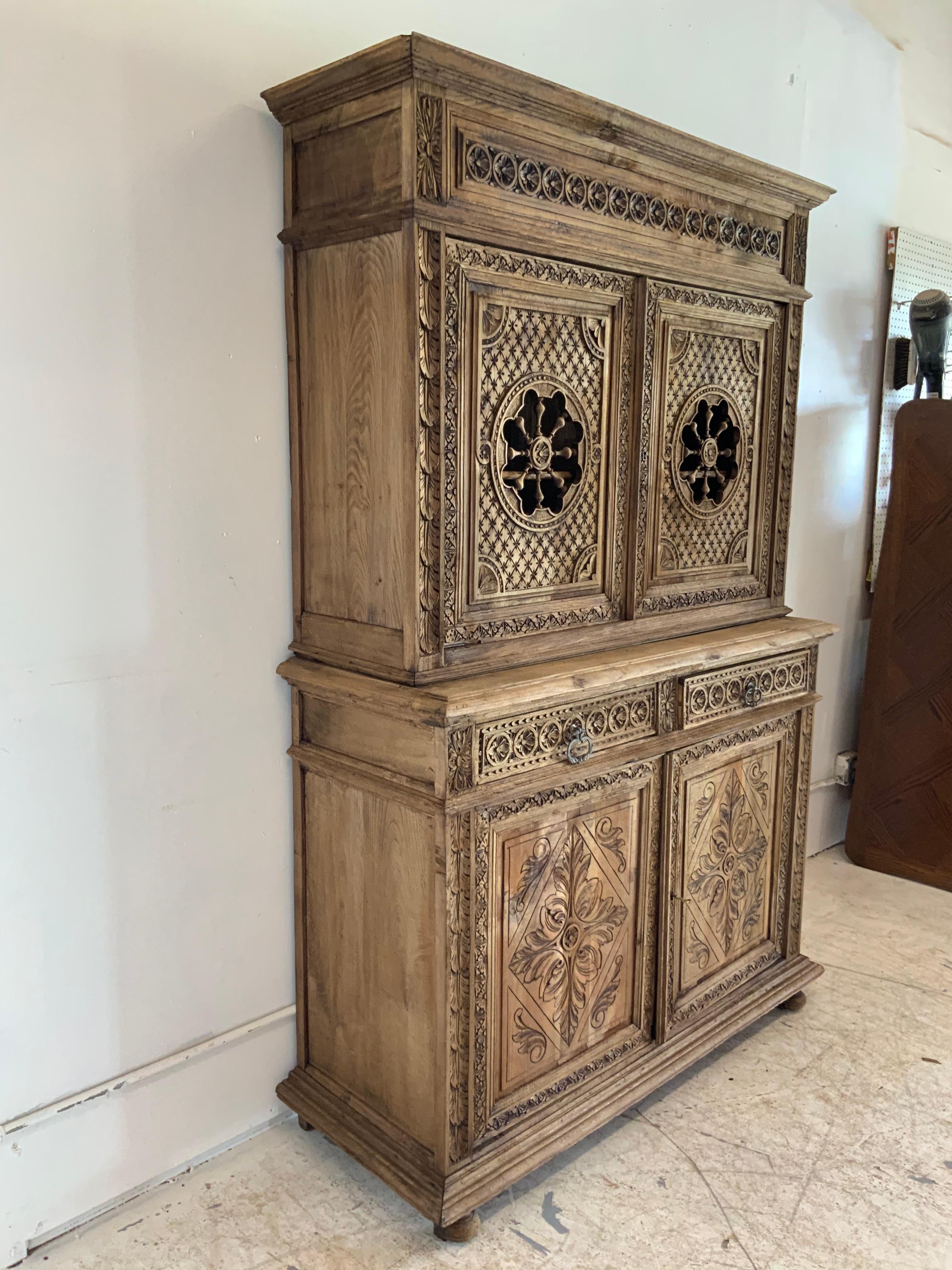 French Cabinet Deux-Corps Normandy Henry II Style Bleached in Walnut In Fair Condition In Stuart, FL