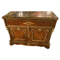 French Cabinet with Embroidered Marquetry, Marble Top, Gilt Bronze Mounts
