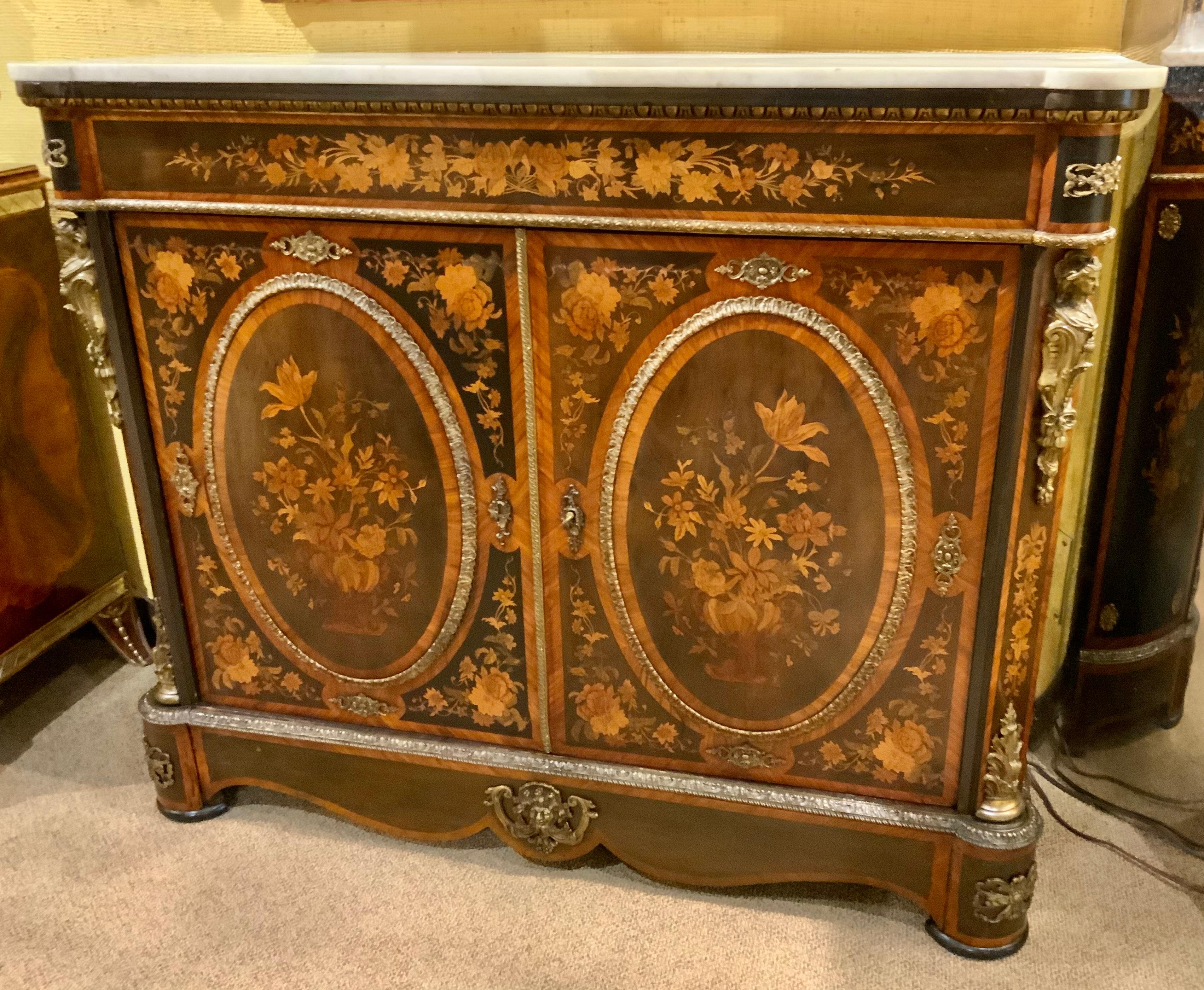 French Cabinet with White Marble Too and Marquetry  In Good Condition In Houston, TX